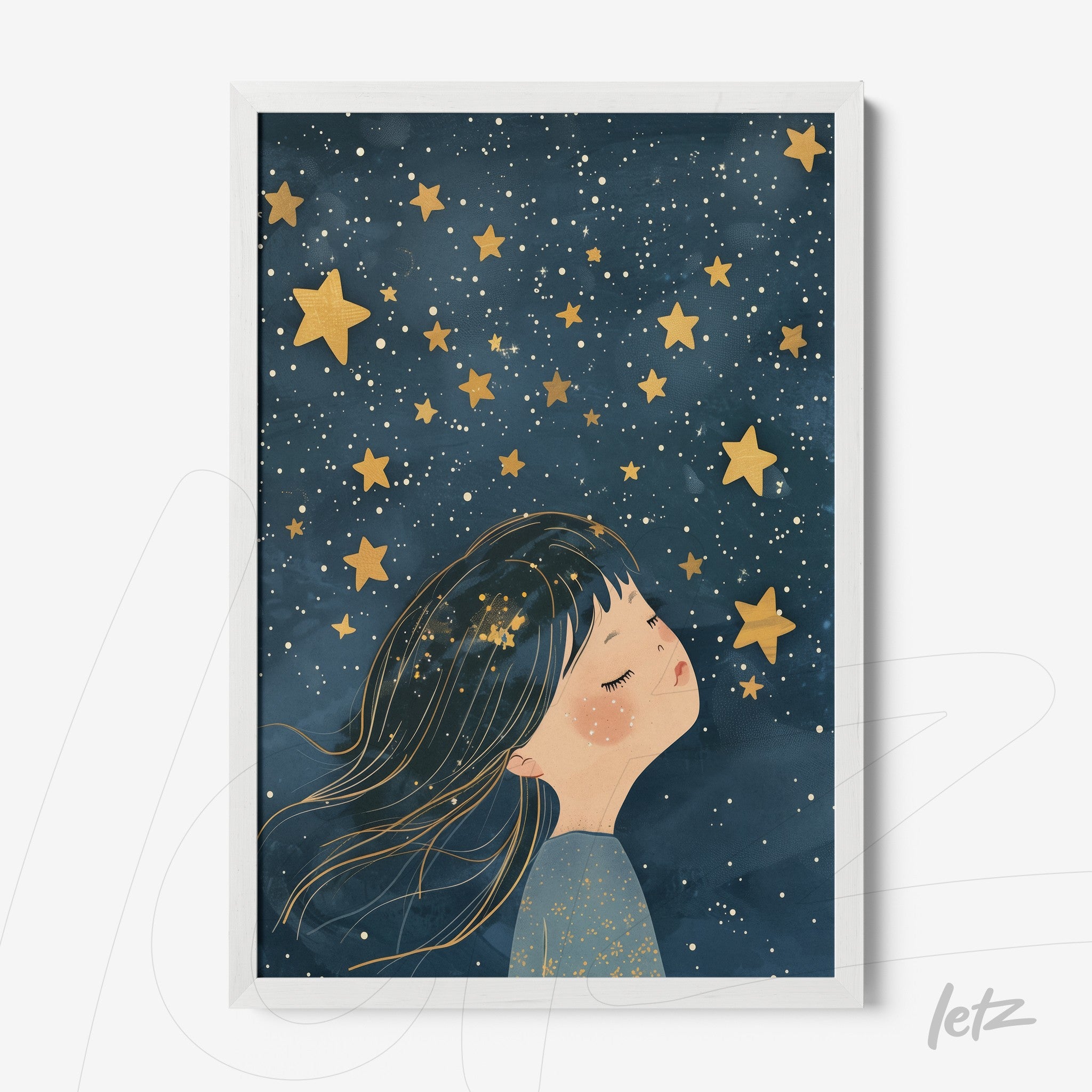 framed artwork featuring a dreamy girl surrounded by golden stars against a dark blue background