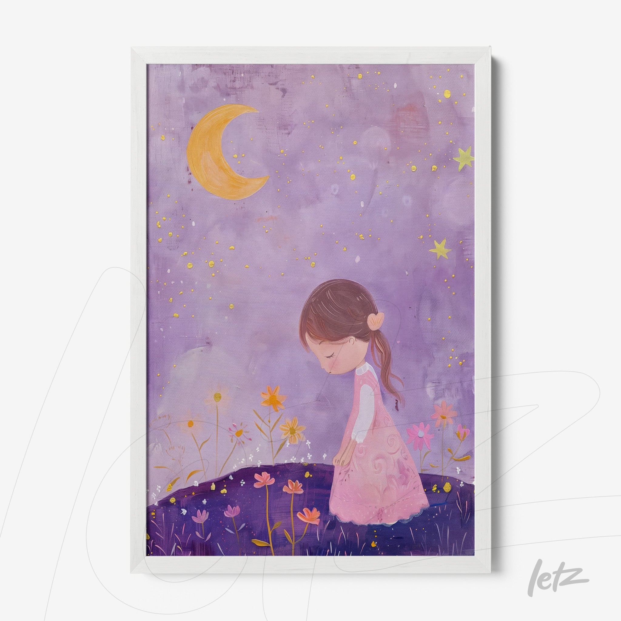 framed artwork depicting a girl in a pink dress surrounded by colorful flowers under a starry sky with a crescent moon