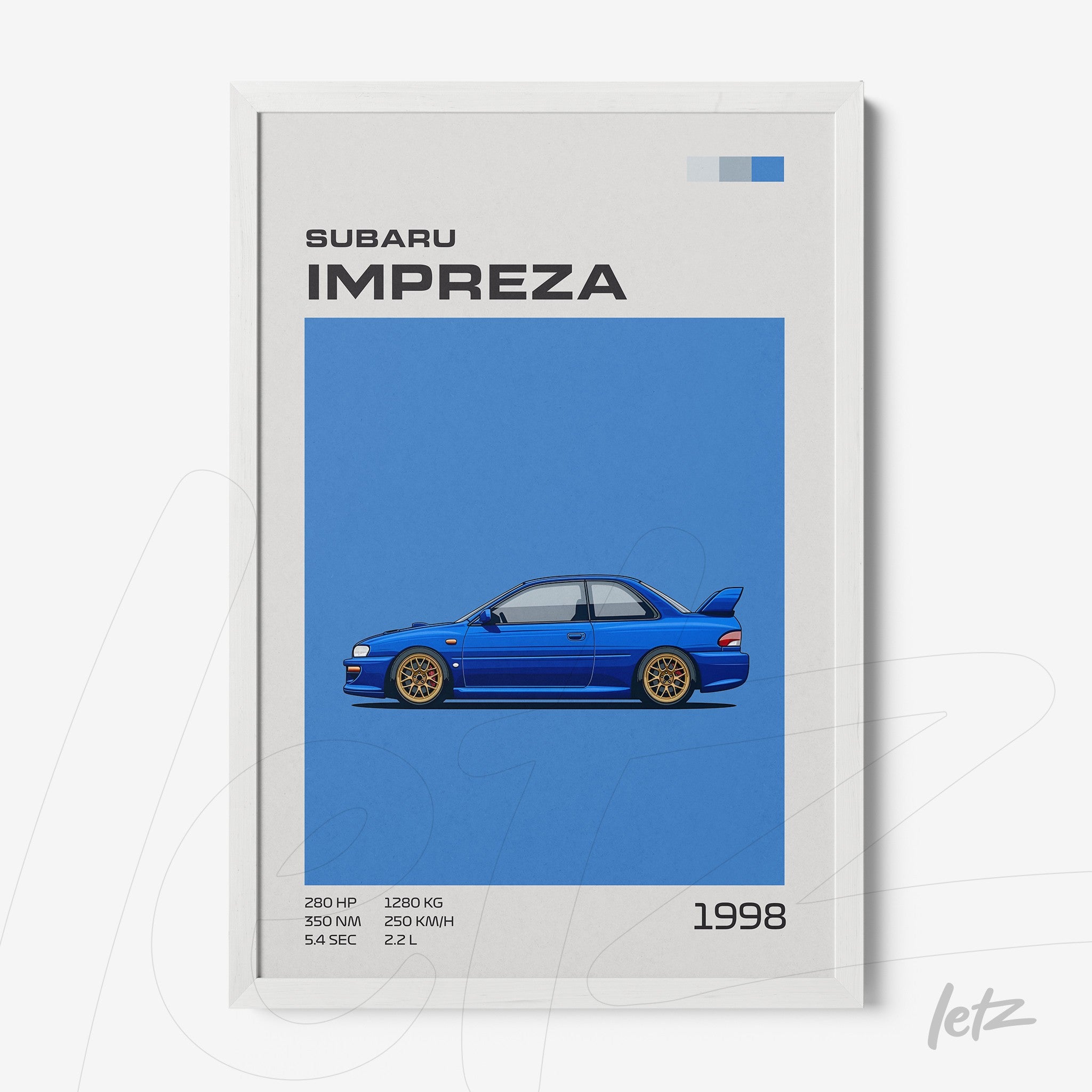 framed illustration of a blue Subaru Impreza car on a light blue background with a white frame