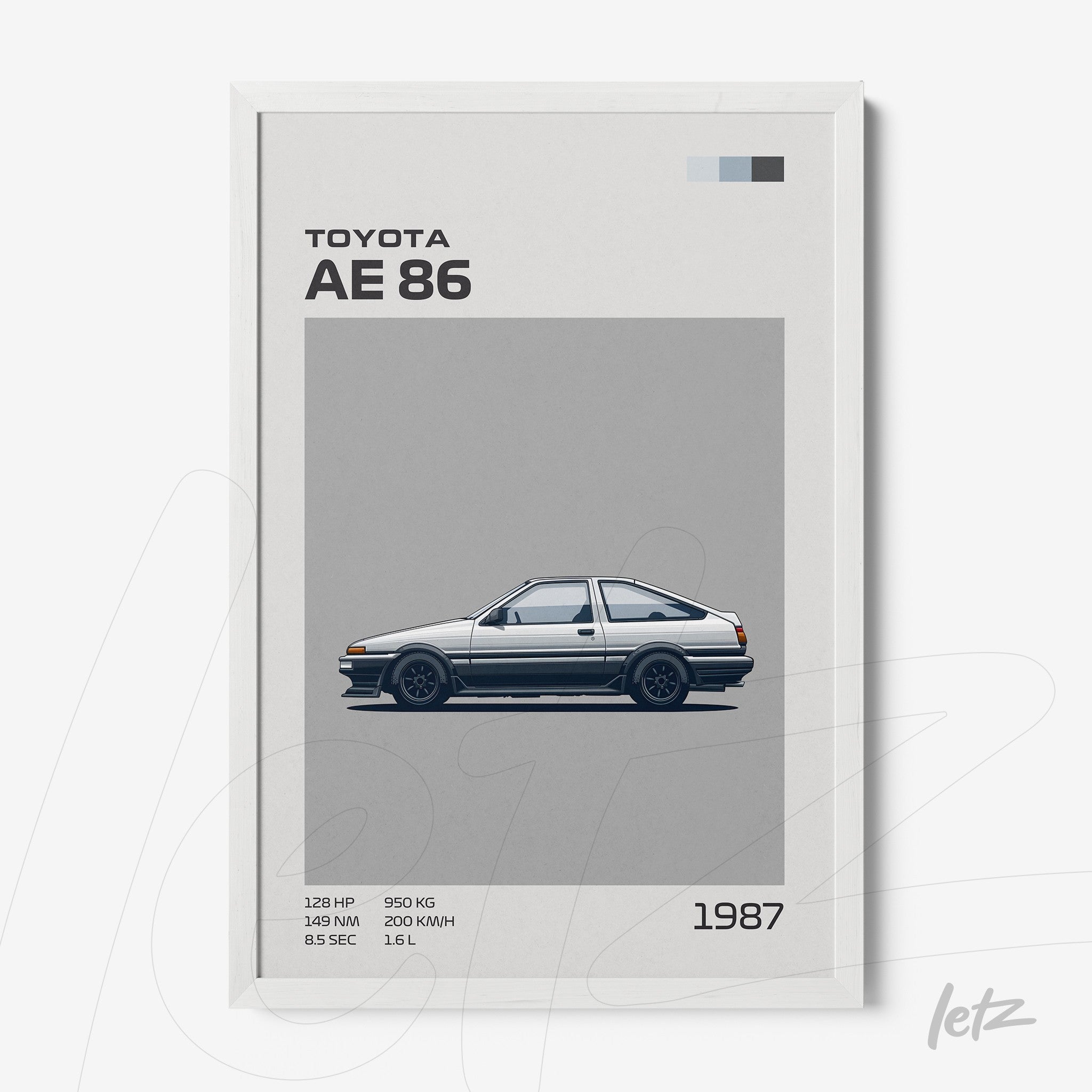framed wall art featuring a minimalist illustration of the Toyota AE 86 on a gray background with a white frame