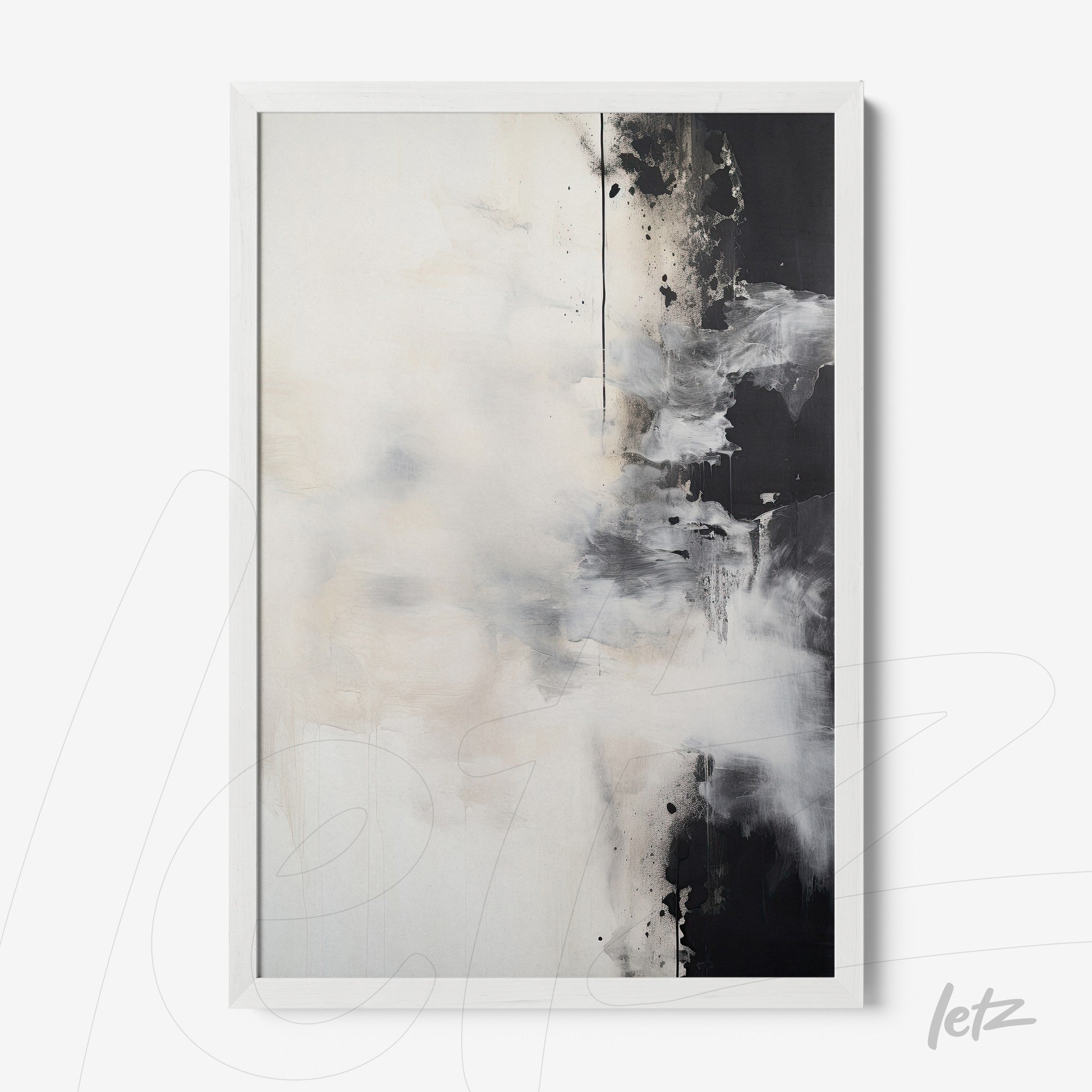 abstract framed wall art in white frame featuring black and cream tones