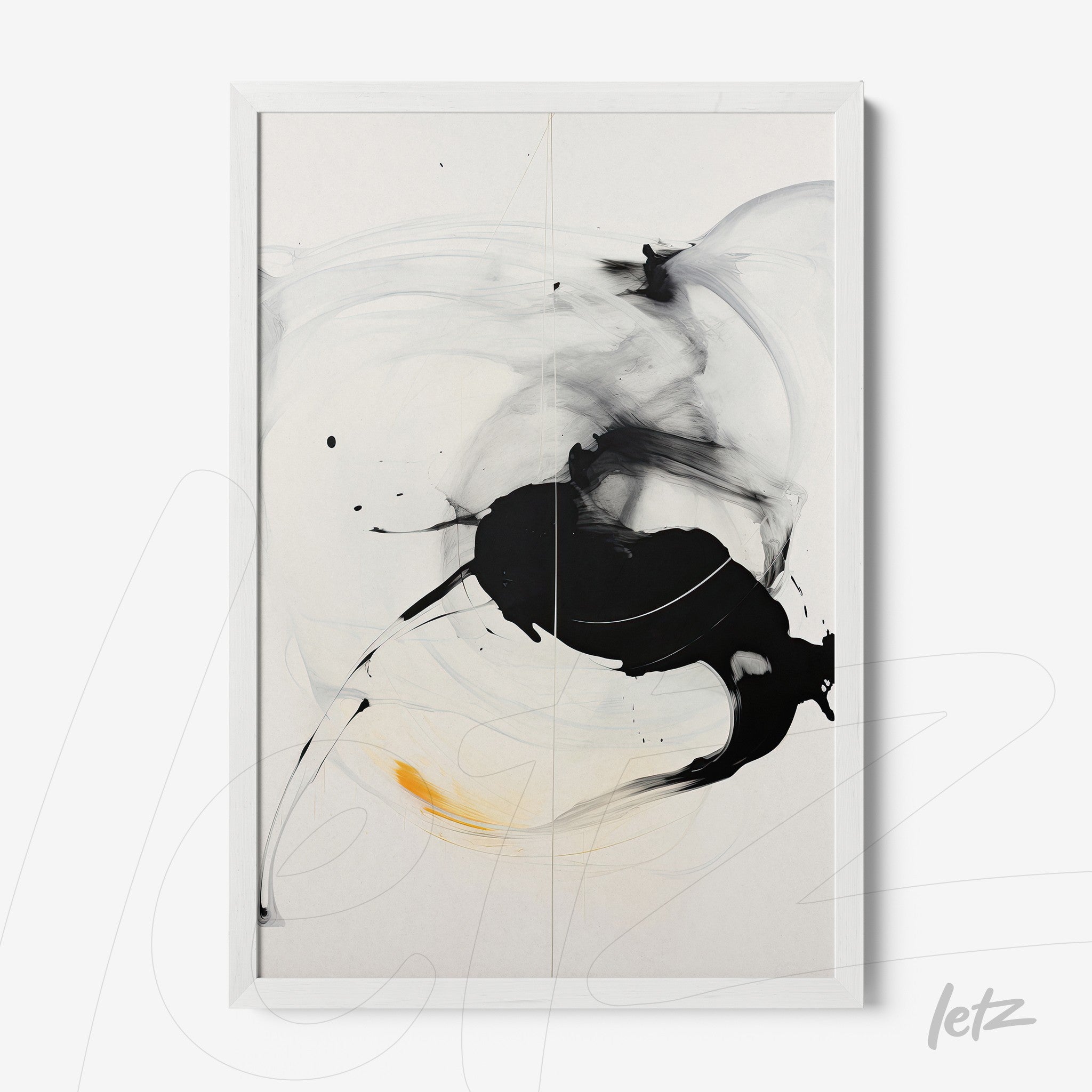 abstract artwork in black and white with touches of yellow in white frame