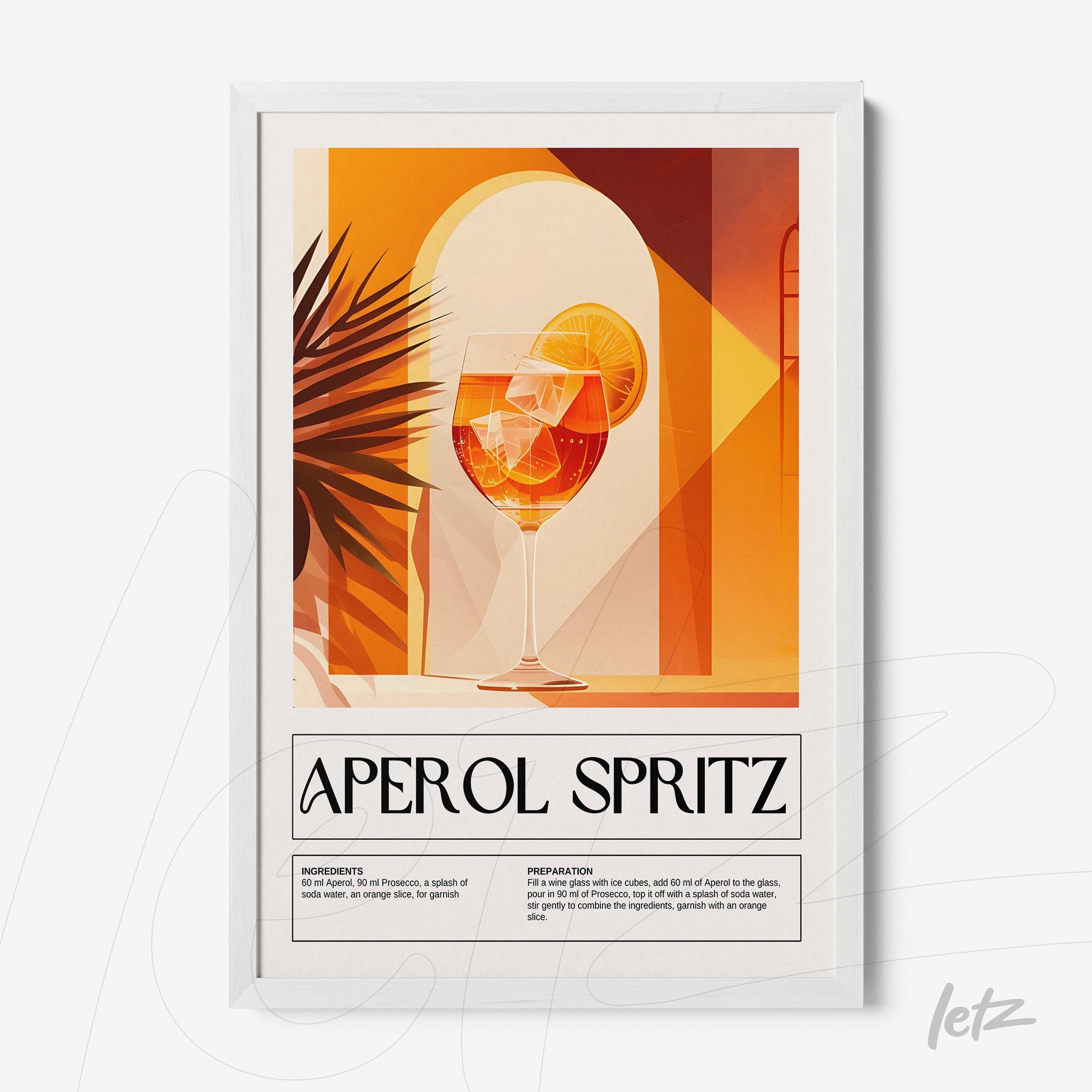 modern framed art of aperol spritz cocktail featuring warm orange tones