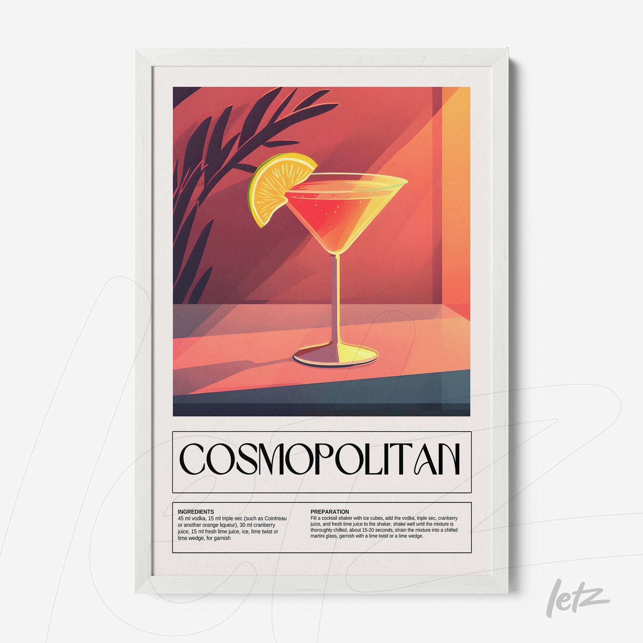 vintage style framed art print of cosmopolitan cocktail featuring ingredients and preparation instructions