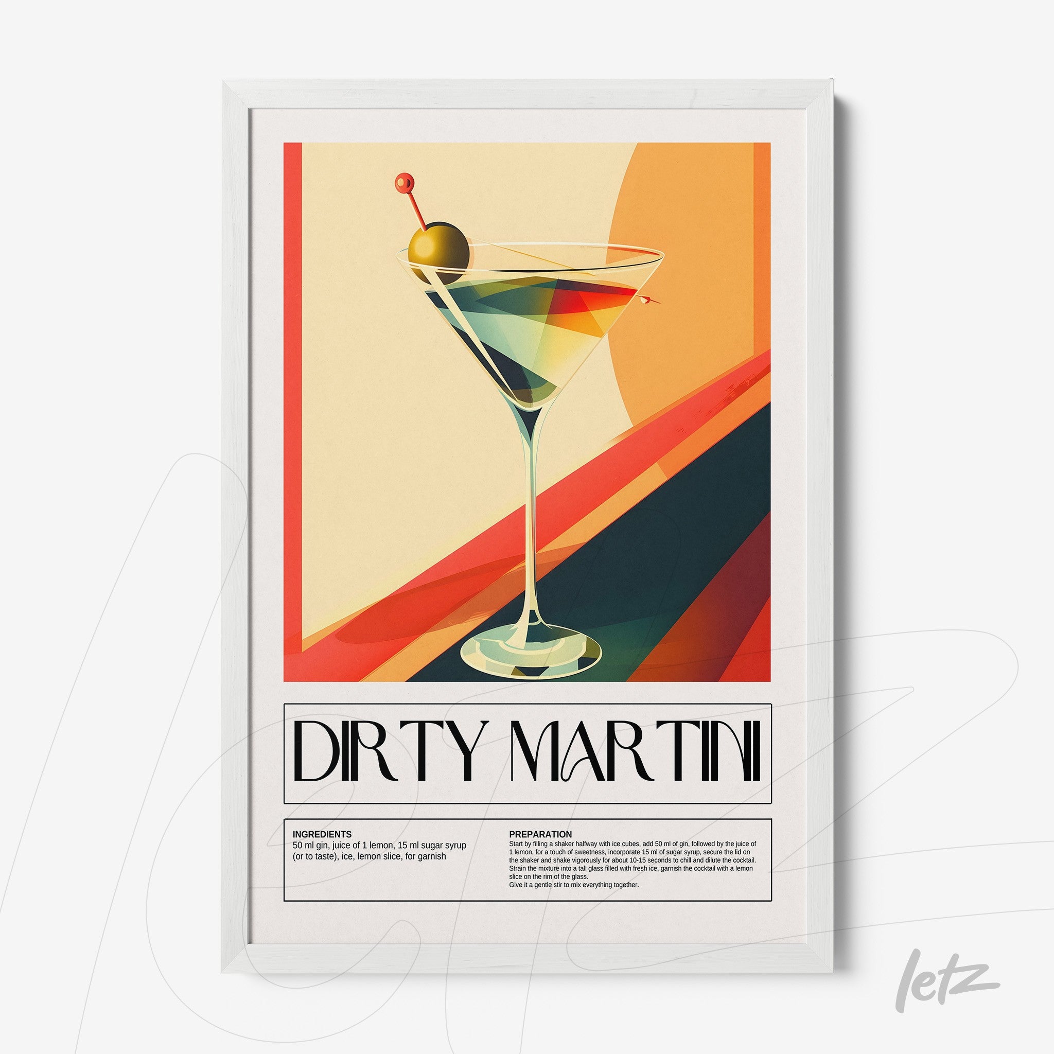 framed artwork featuring a stylized dirty martini cocktail with colorful background
