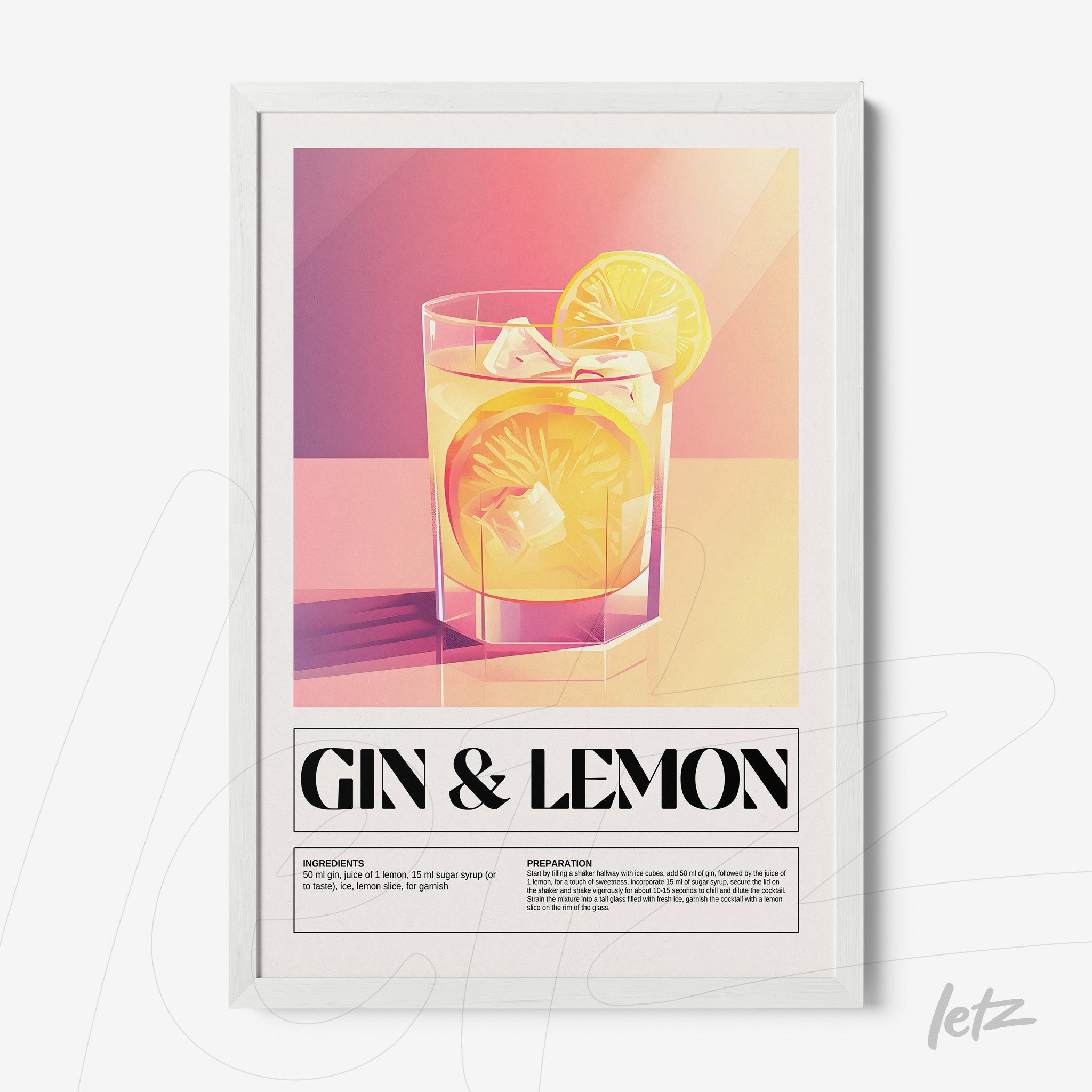 minimalist framed art of gin and lemon cocktail with white frame