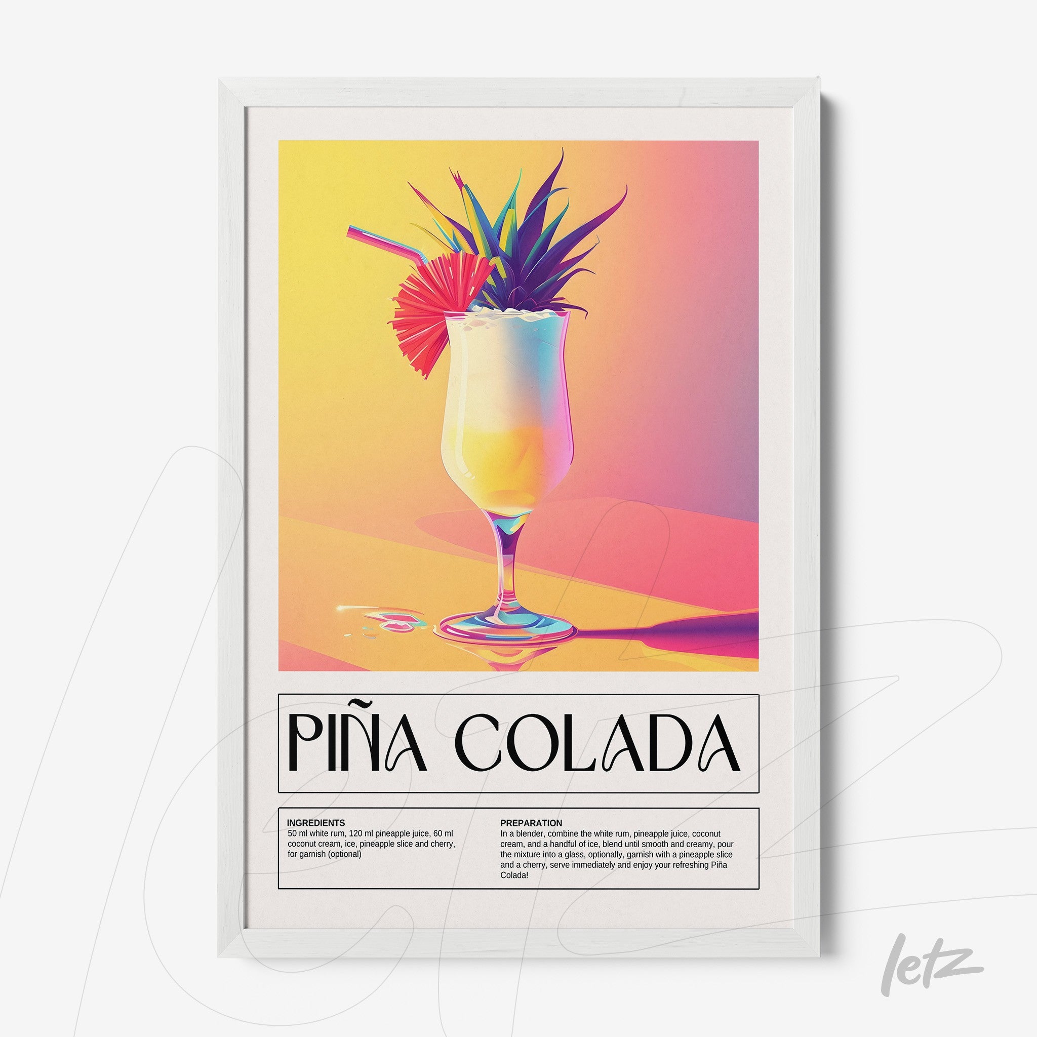 framed art of a colorful piña colada cocktail illustration with white frame