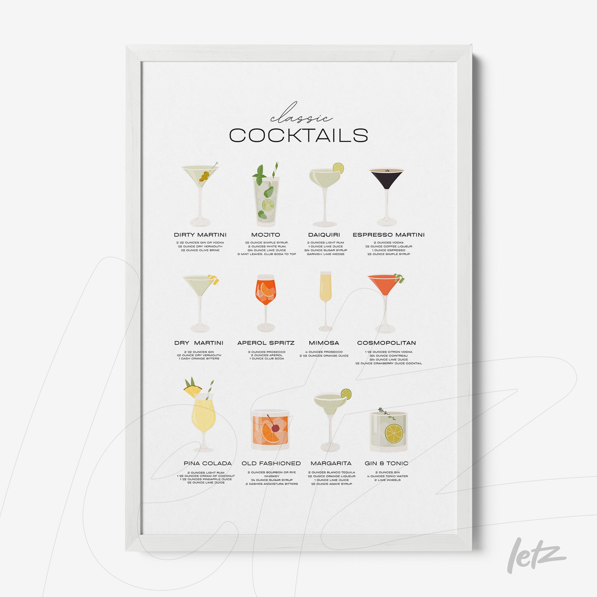 framed artwork featuring illustrations of classic cocktails with white frame