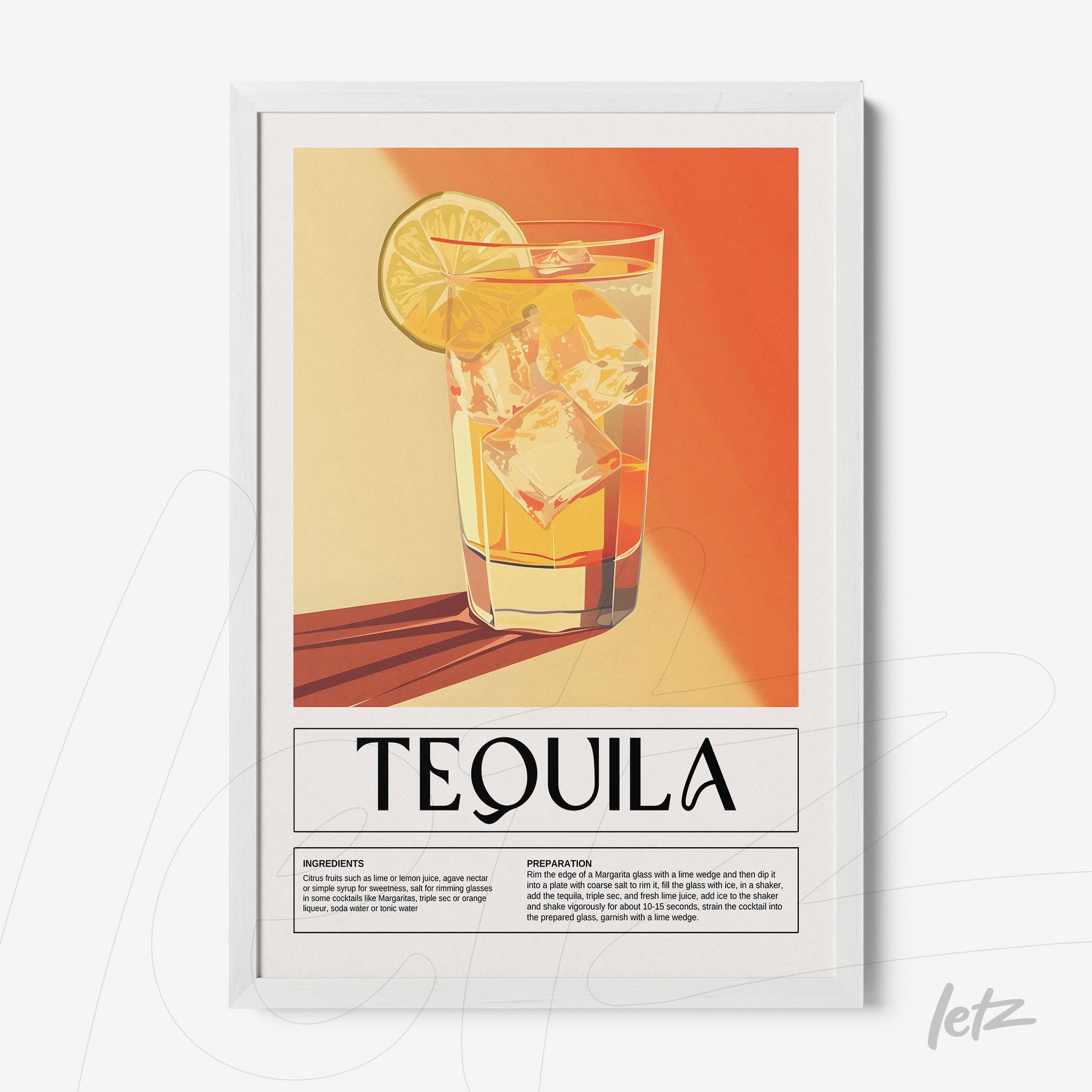 retro style wall art of tequila drink in white frame with orange background
