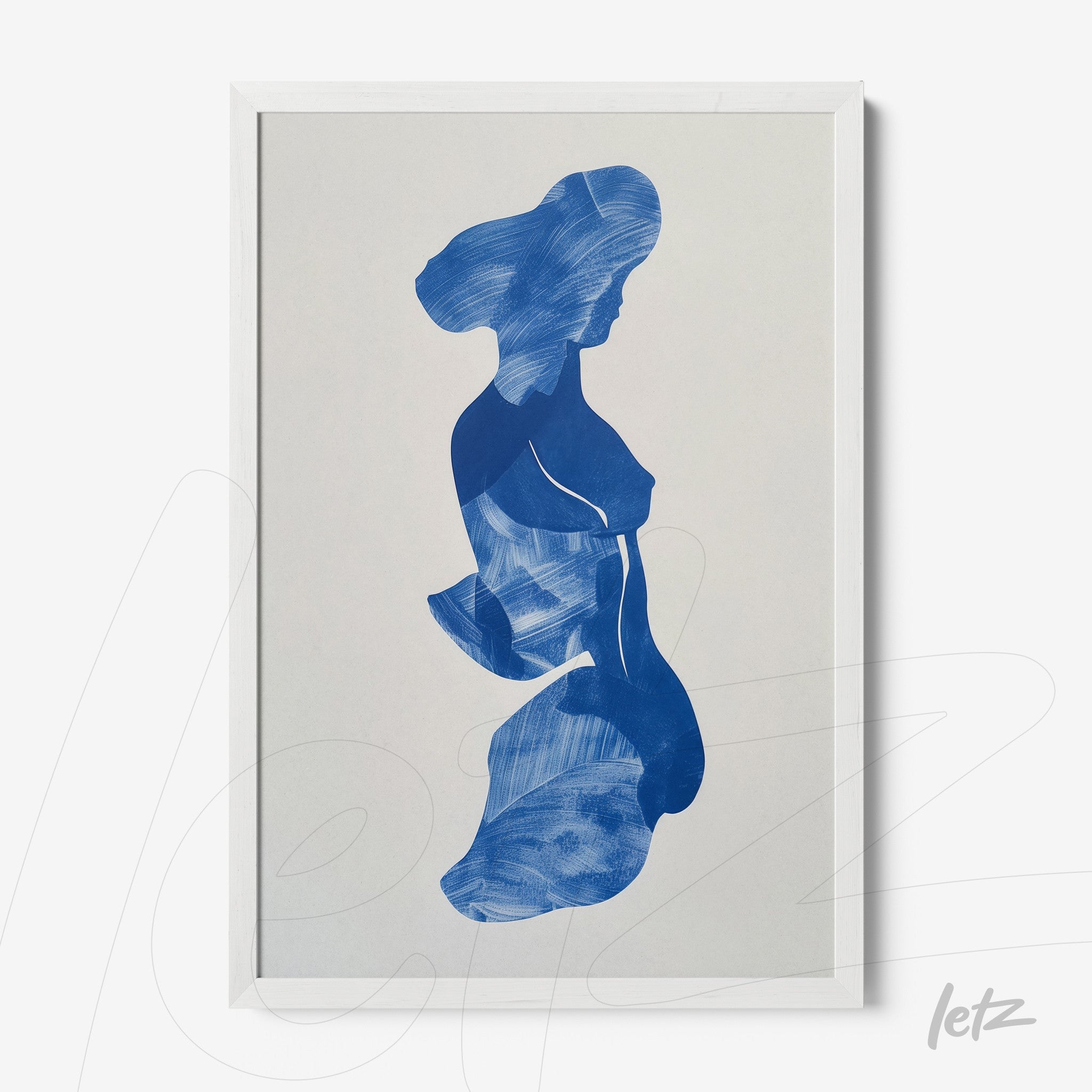 framed abstract artwork in blue depicting the silhouette of a woman in white frame