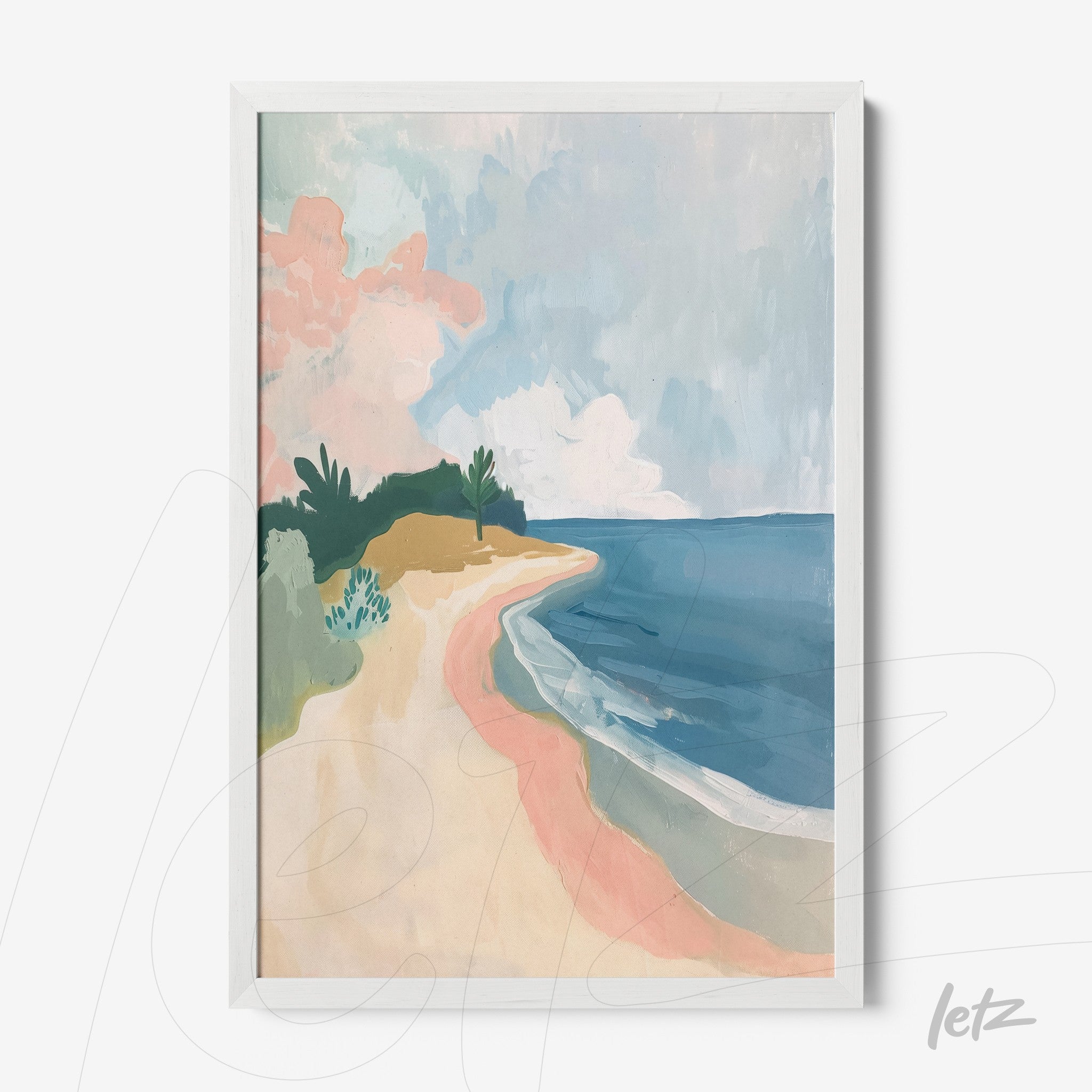 framed abstract art of a serene beach scene with soft pastel colors
