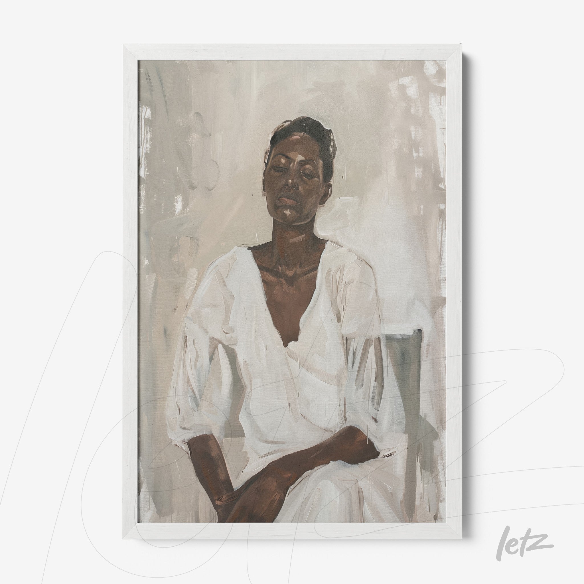 framed artwork depicting a seated woman in light clothing with a neutral background