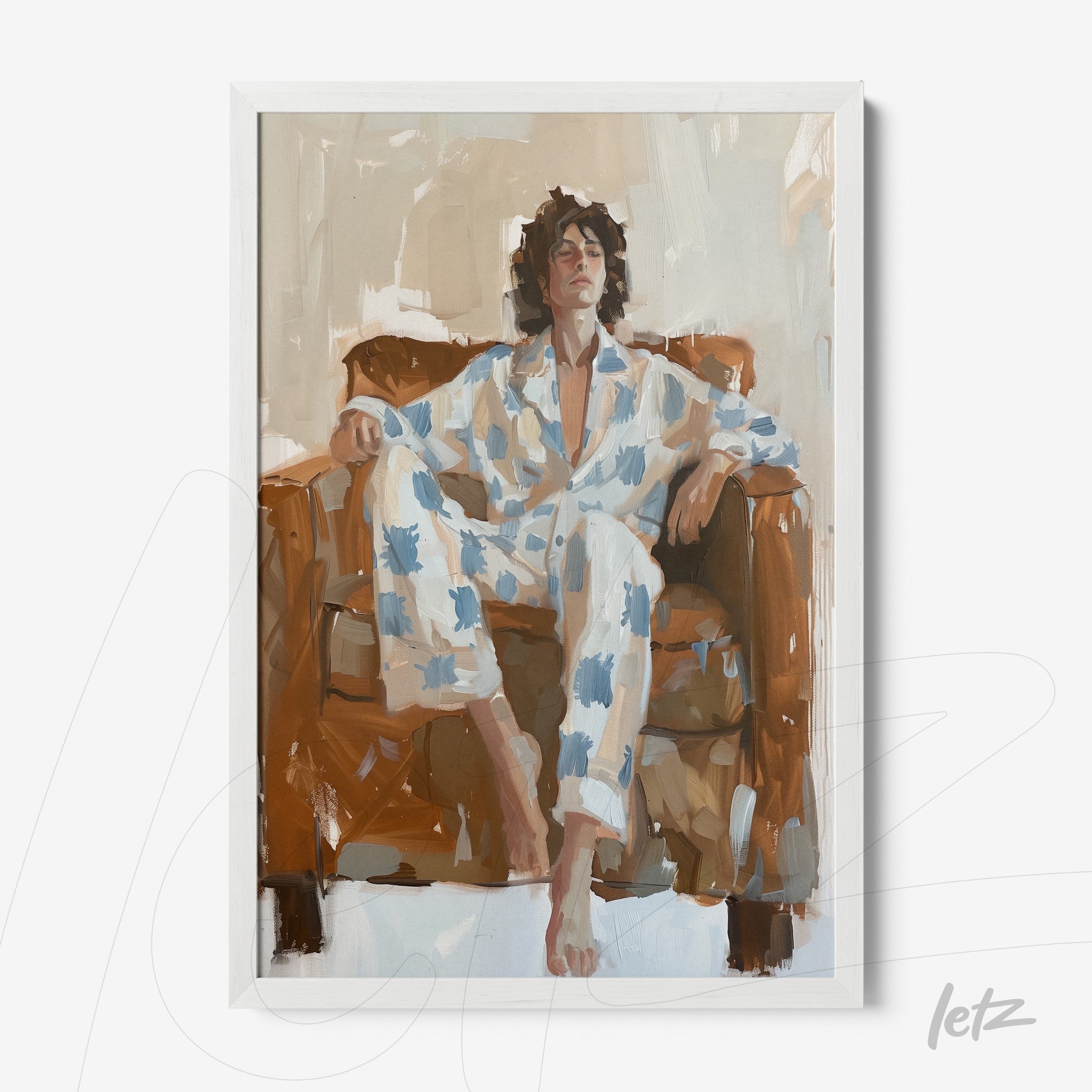 framed artwork featuring a man lounging on a brown sofa, wearing a blue and white patterned pajama