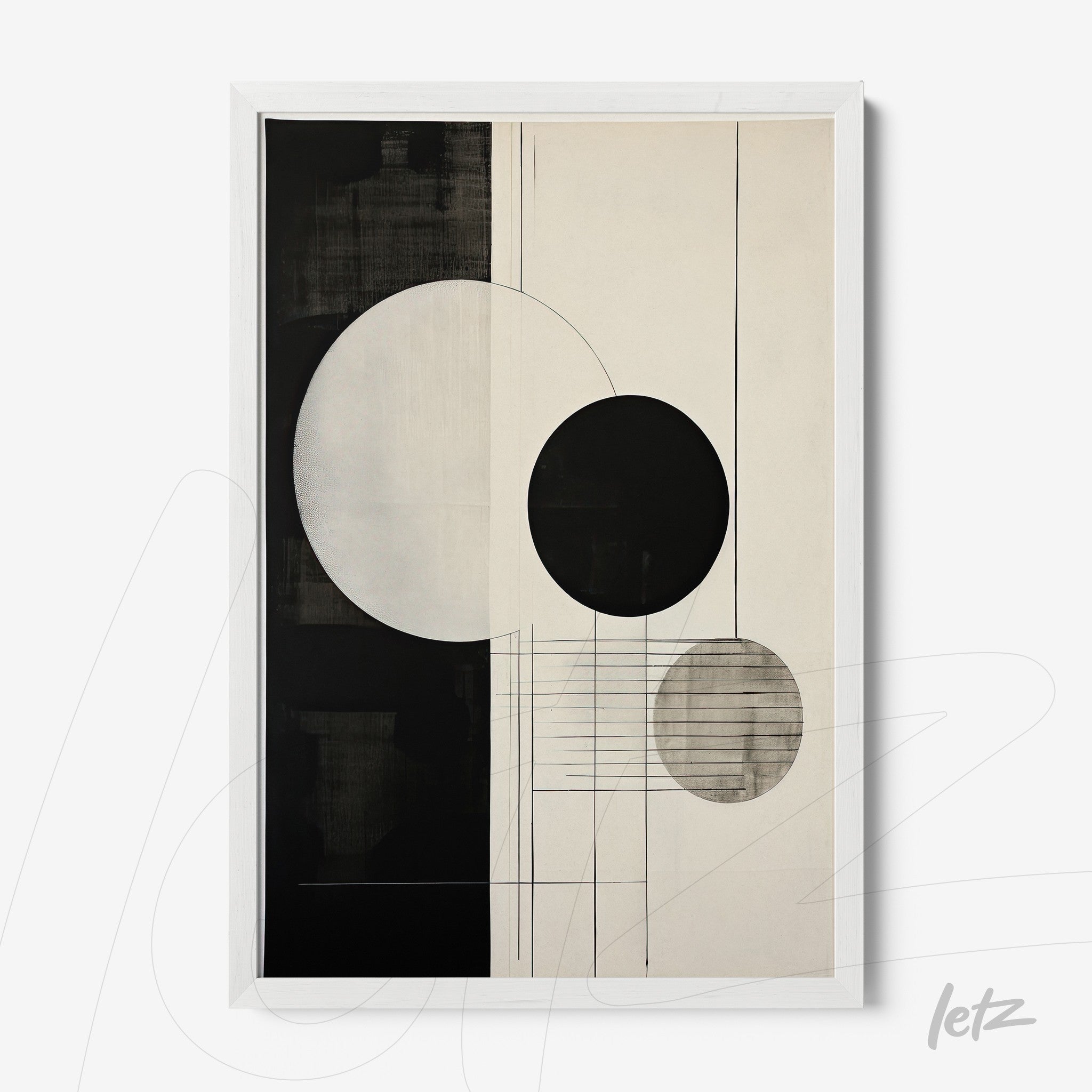 framed wall art featuring abstract black and white design with prominent circles and vertical lines on a light background
