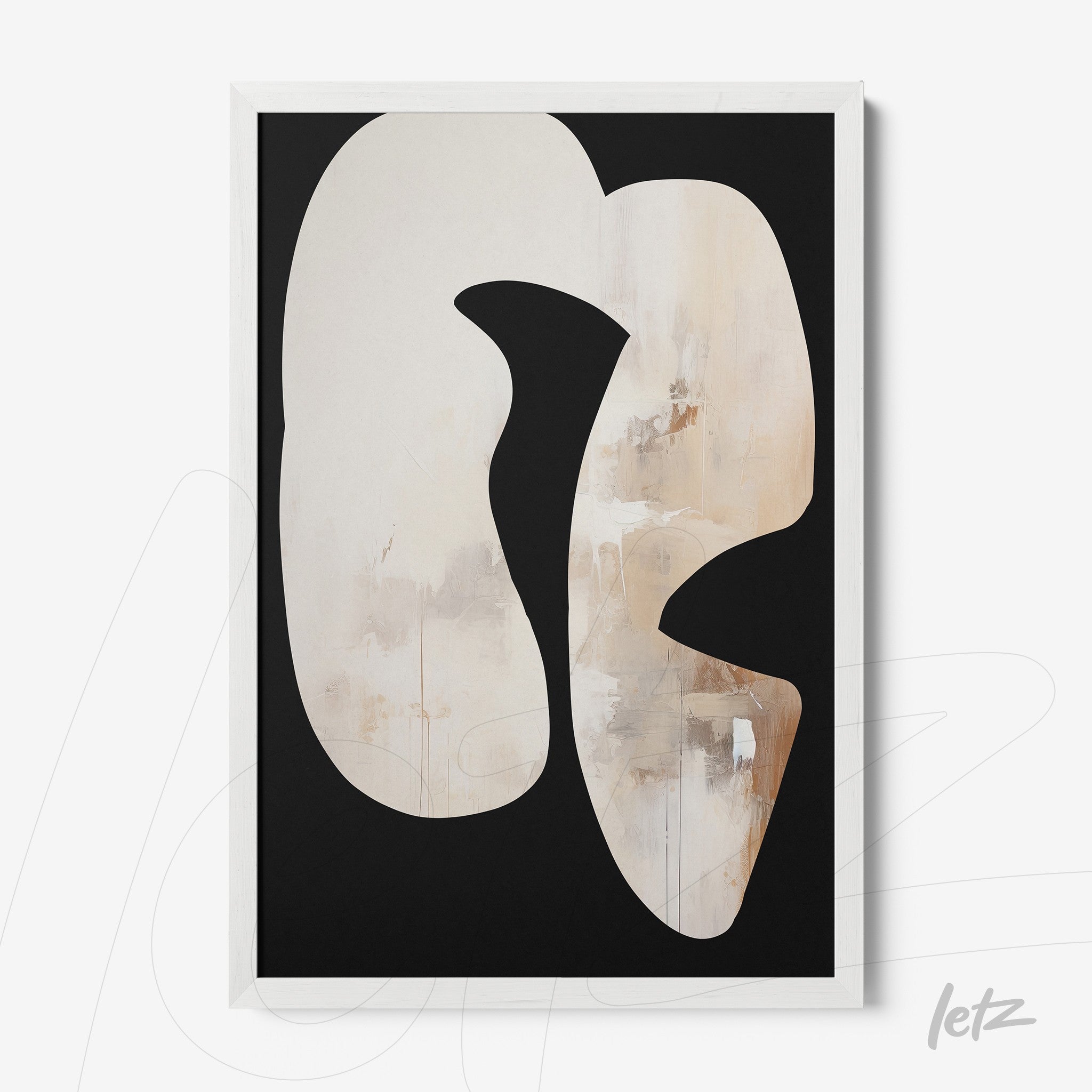 abstract wall art in neutral tones on black background with white frame