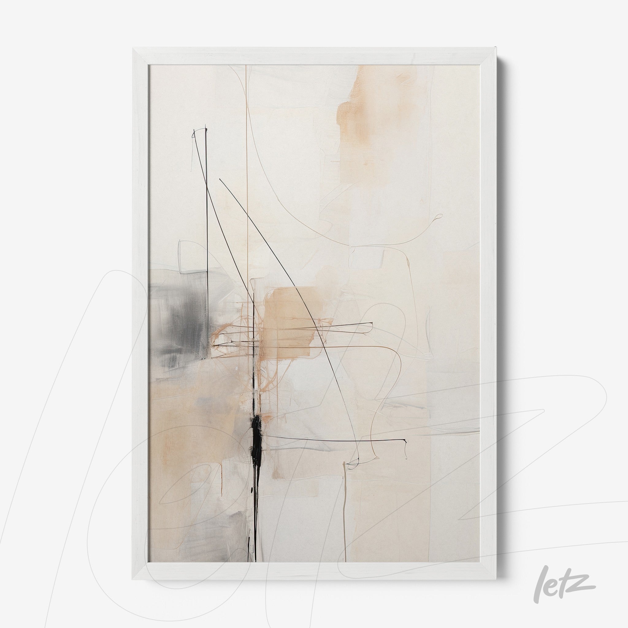 framed abstract art piece in neutral tones with delicate lines