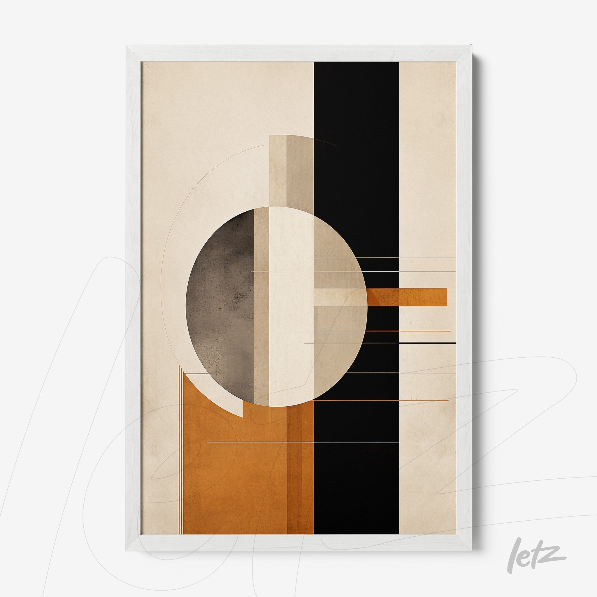 abstract wall art featuring earthy tones and geometric shapes in a white frame
