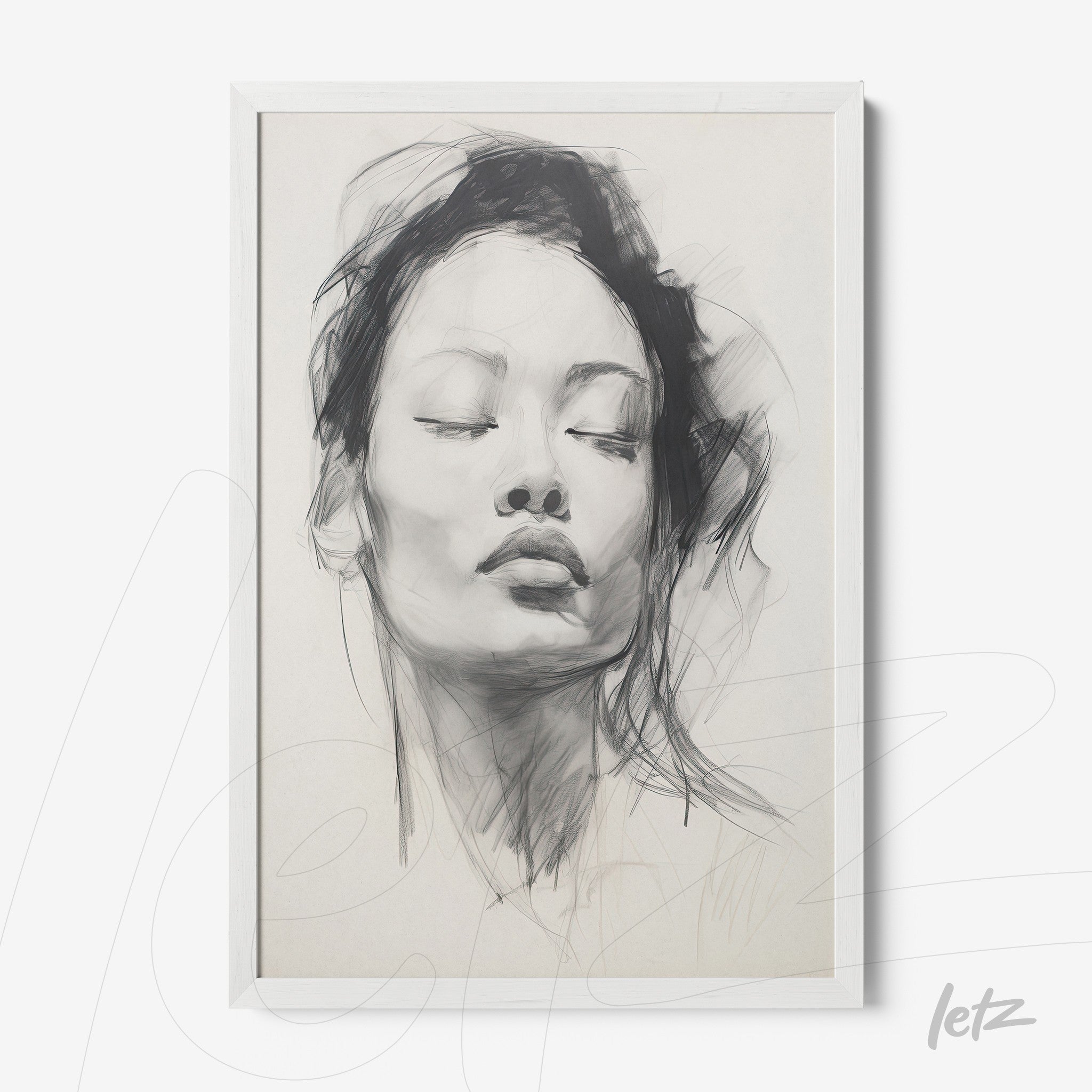 framed artwork of a woman portrait with minimalist strokes and closed eyes in a white frame