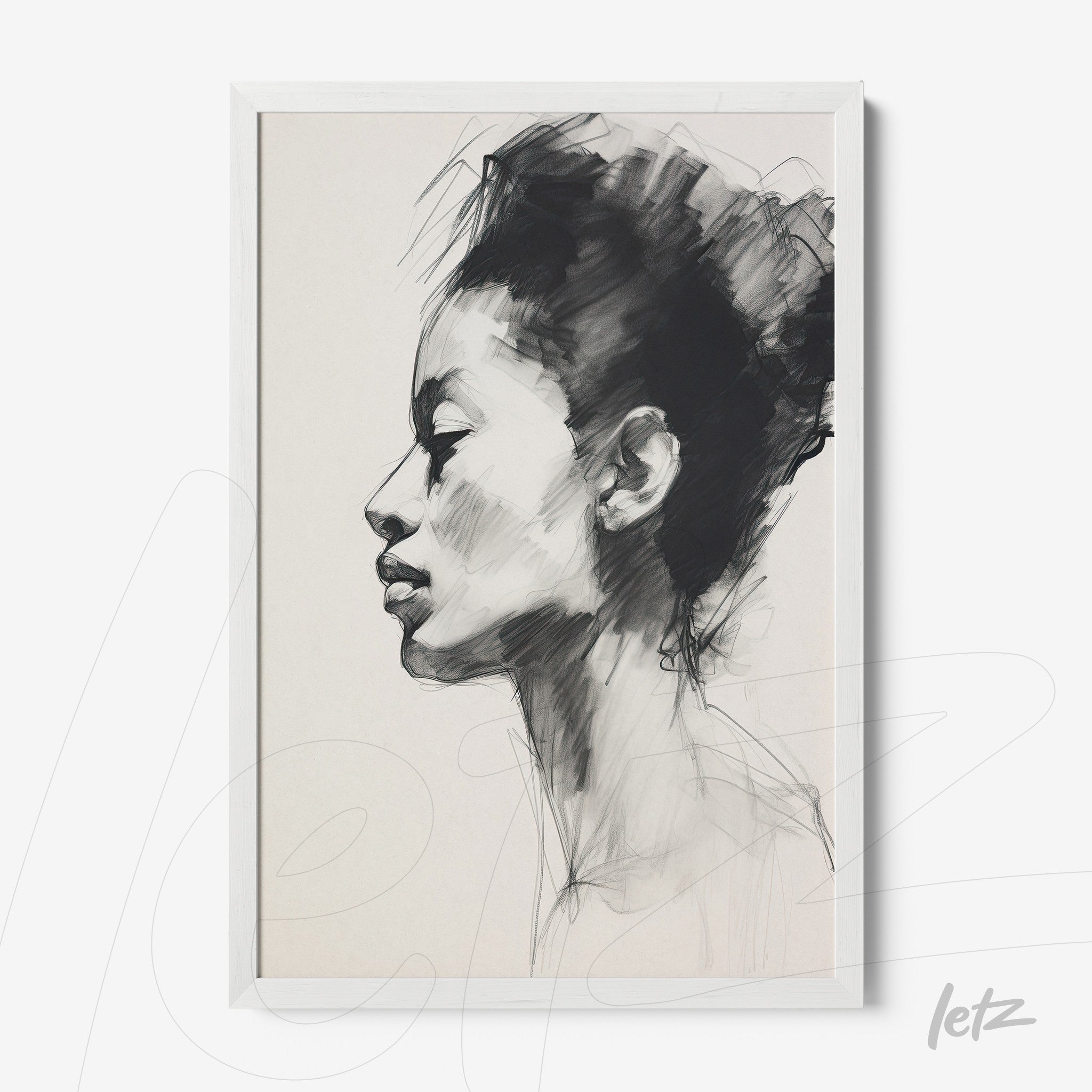 framed wall art featuring a black and white profile portrait of a woman with expressive lines and white frame