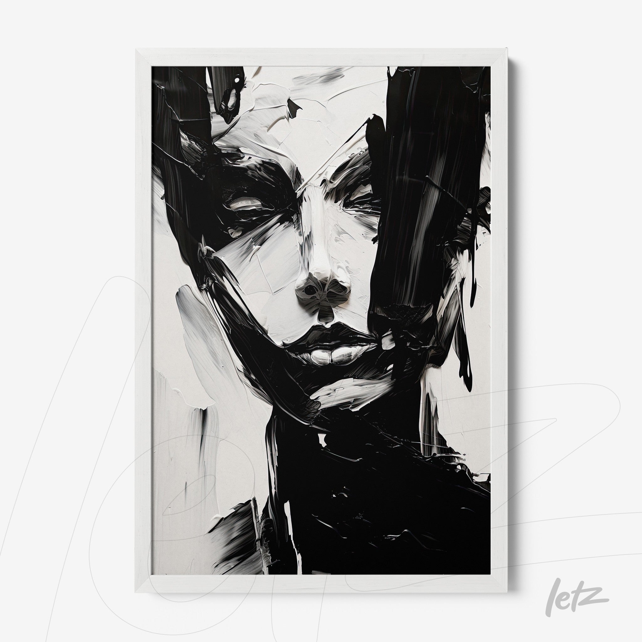 abstract wall art in black and white depicting a faceless portrait with expressive brush strokes in a white frame