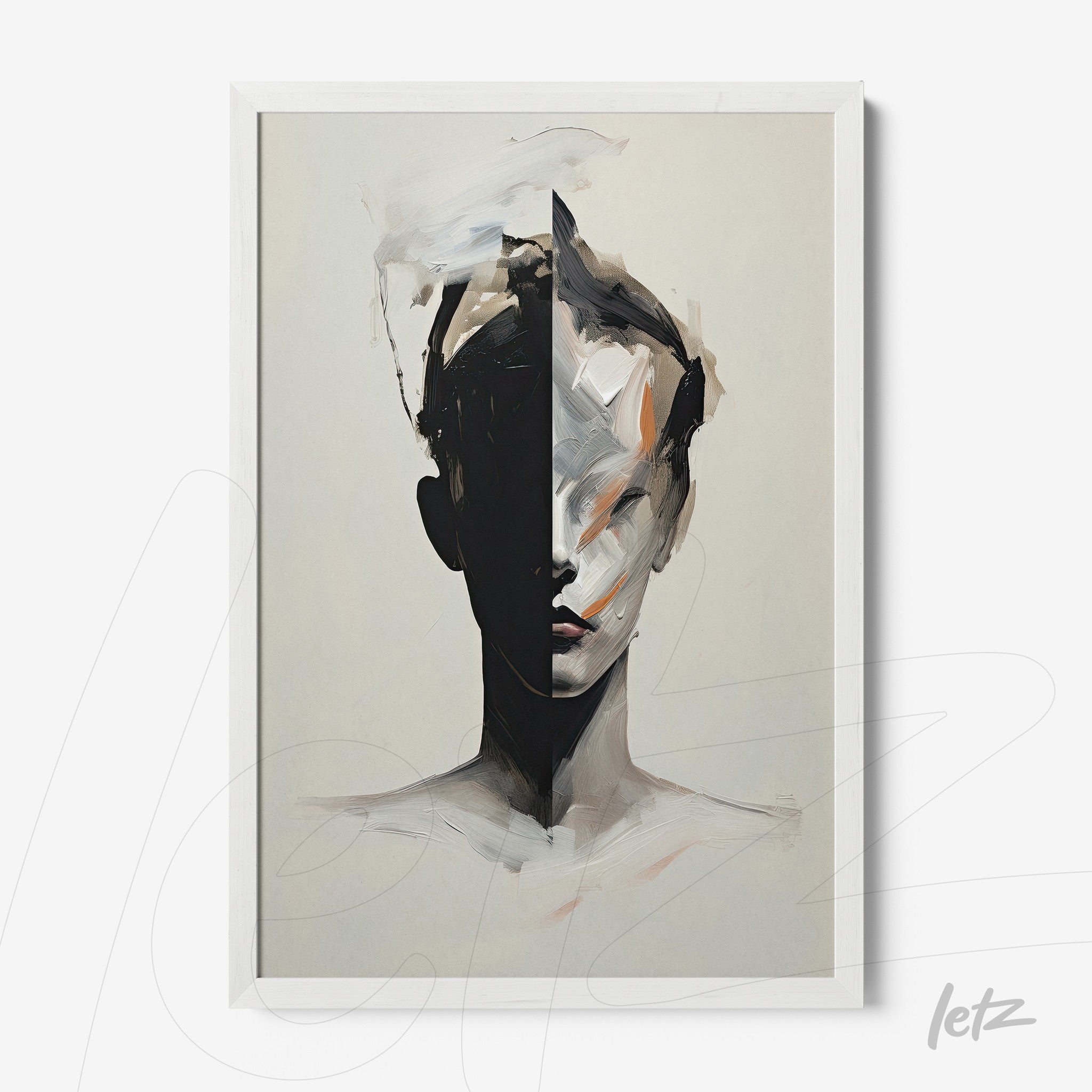abstract art piece depicting a human face with a white frame
