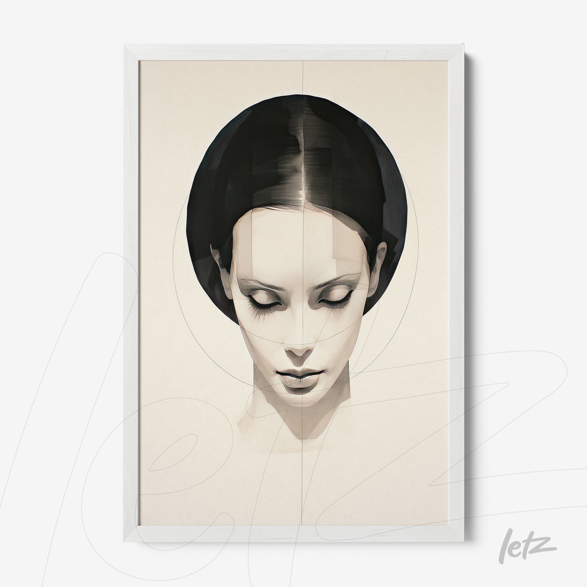 minimalist digital art print of a female face in a white frame