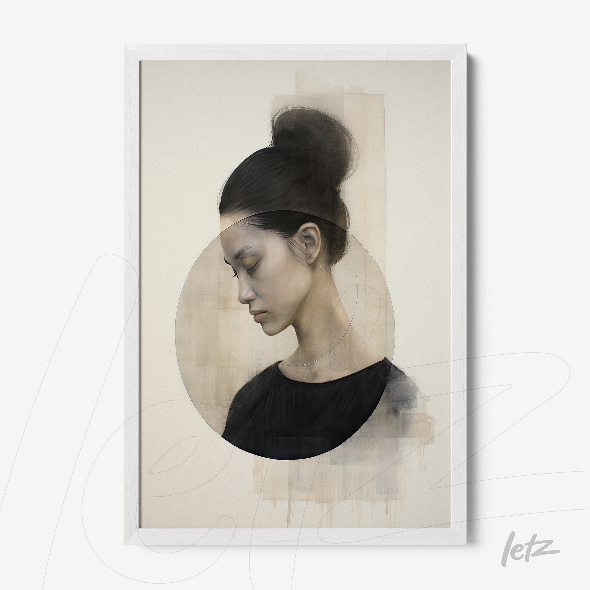 framed art of an abstract portrait of a woman with her hair in a bun on a neutral background