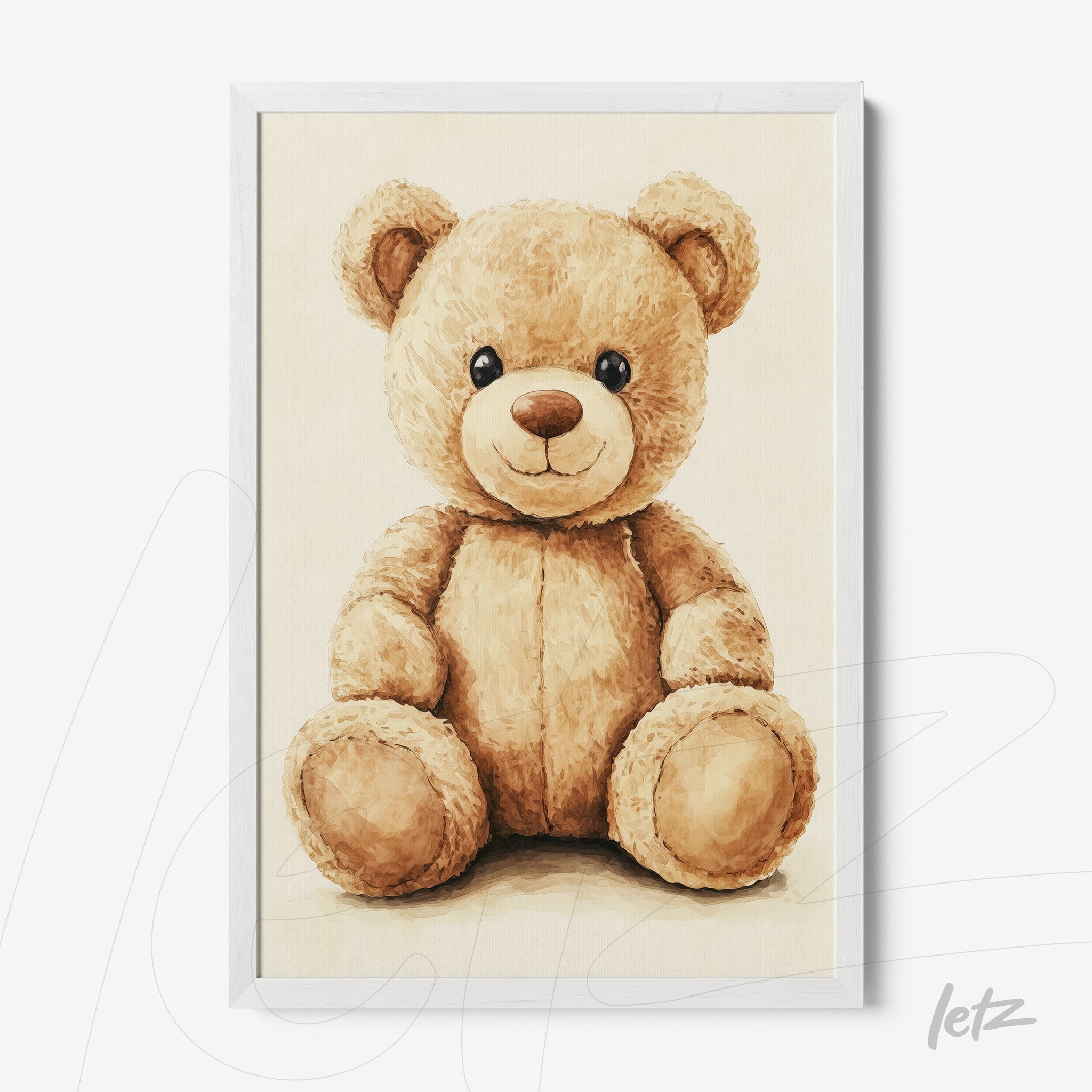 framed illustration of a teddy bear with white frame