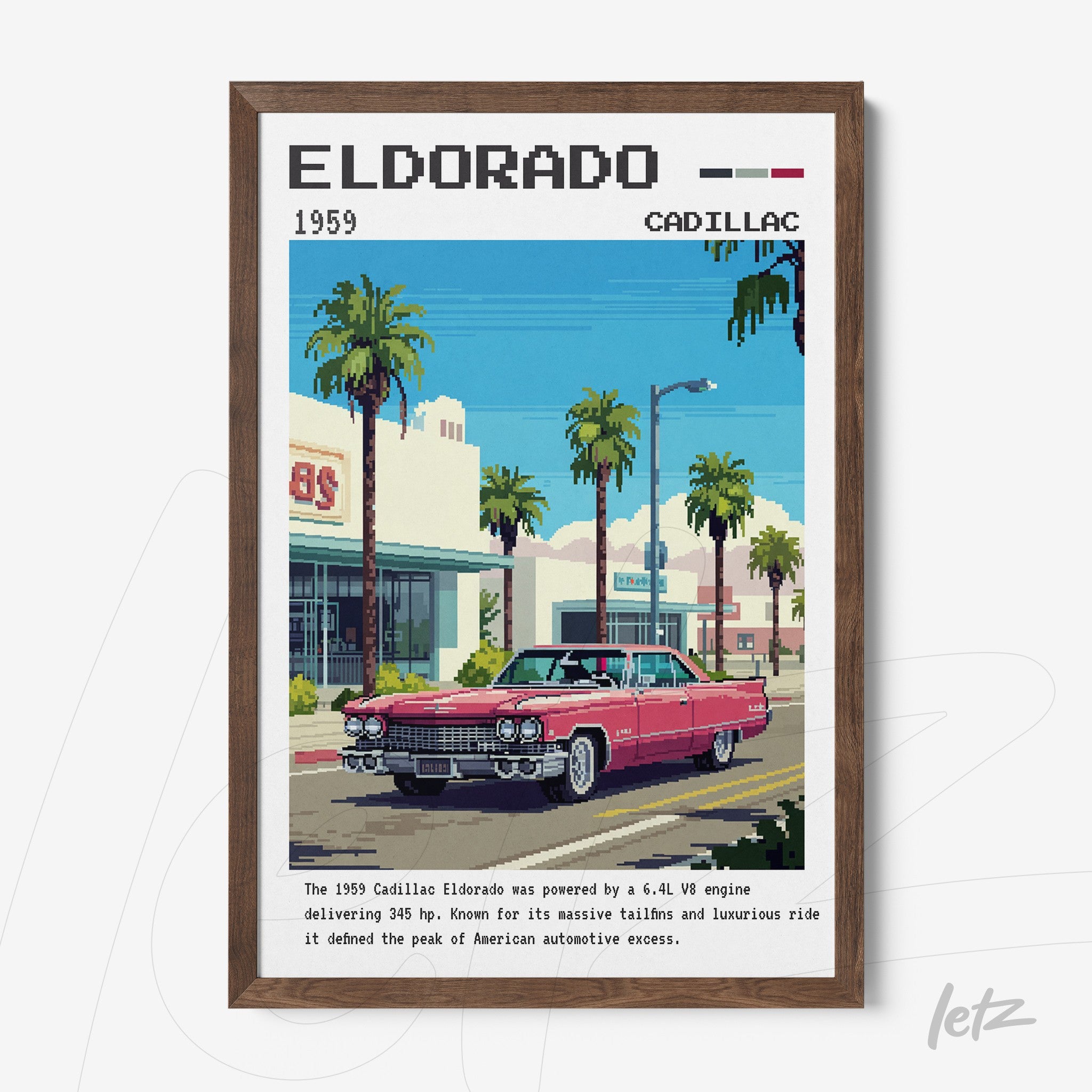 framed pixel art of a 1959 Cadillac Eldorado parked on a street lined with palm trees