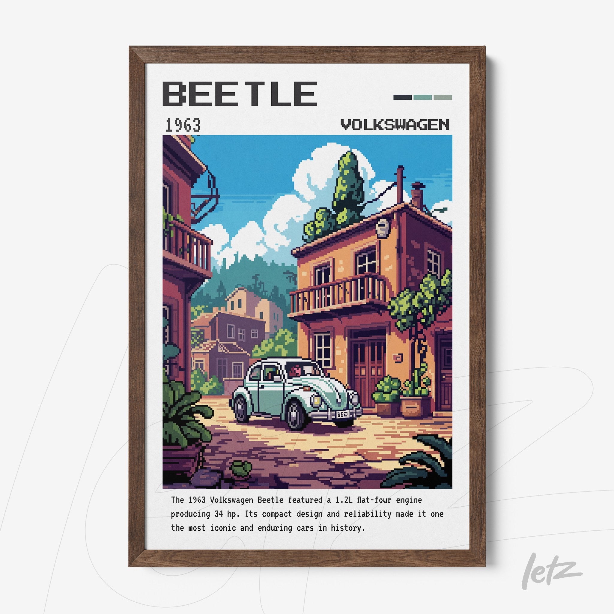 retro style framed art of 1963 Volkswagen Beetle with dark wood frame