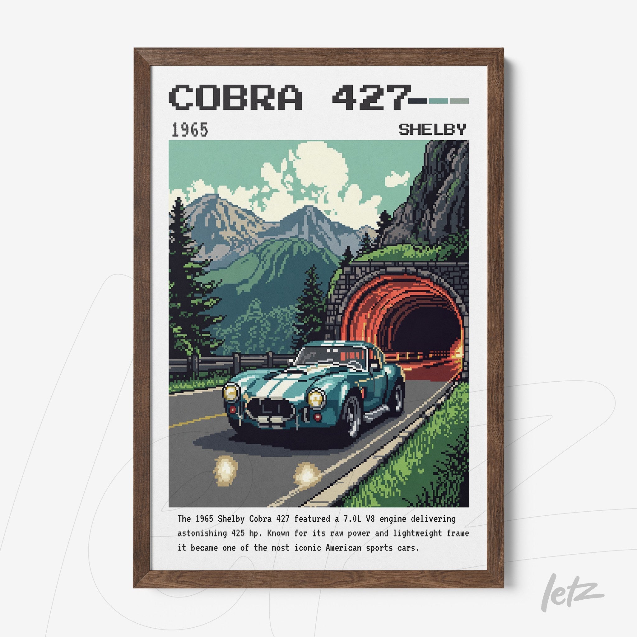 framed retro illustration of shelby cobra 427 car with brown frame and mountain backdrop