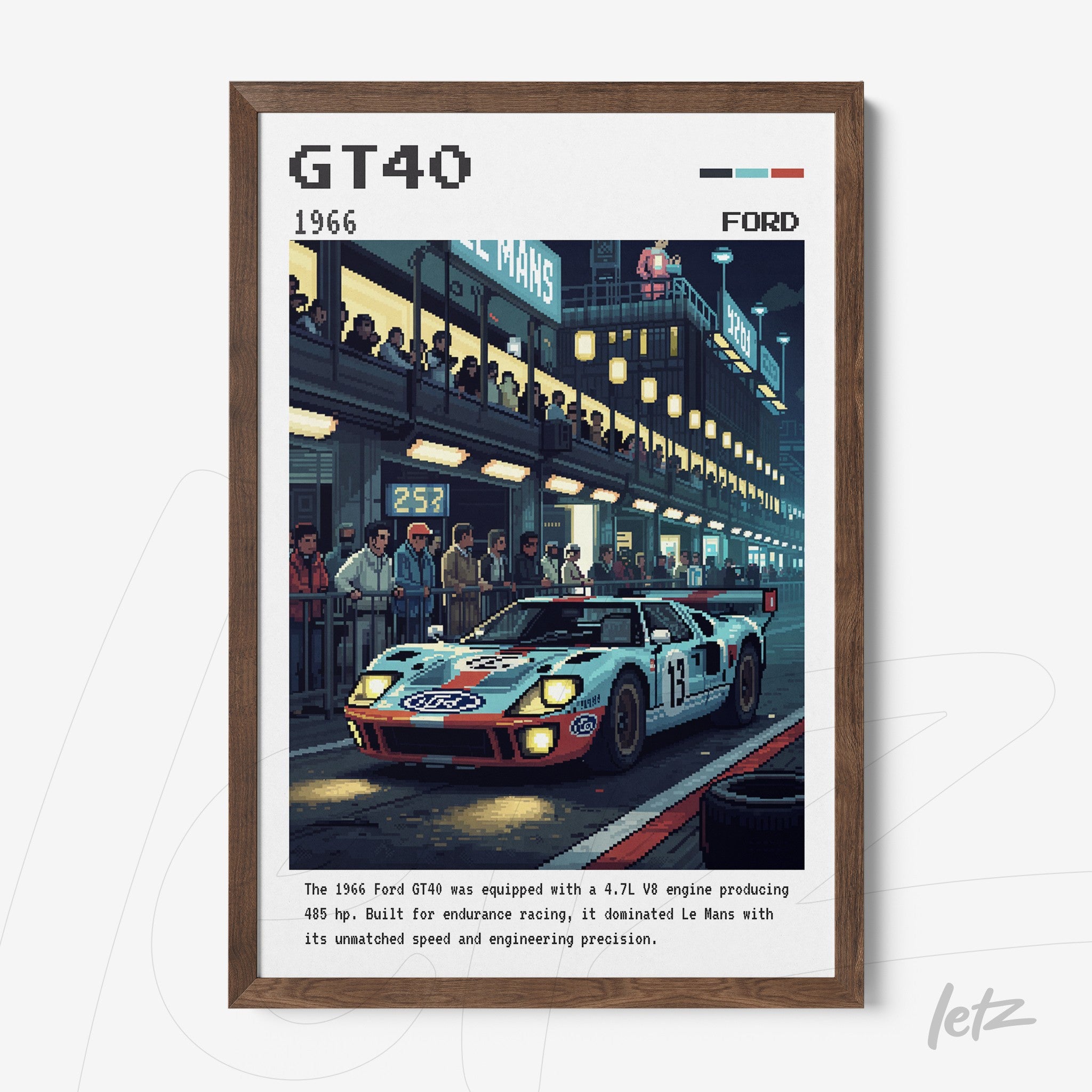 pixel art of a 1966 ford gt40 racing car in a nighttime racing scene with spectators and track lighting, framed in light wood