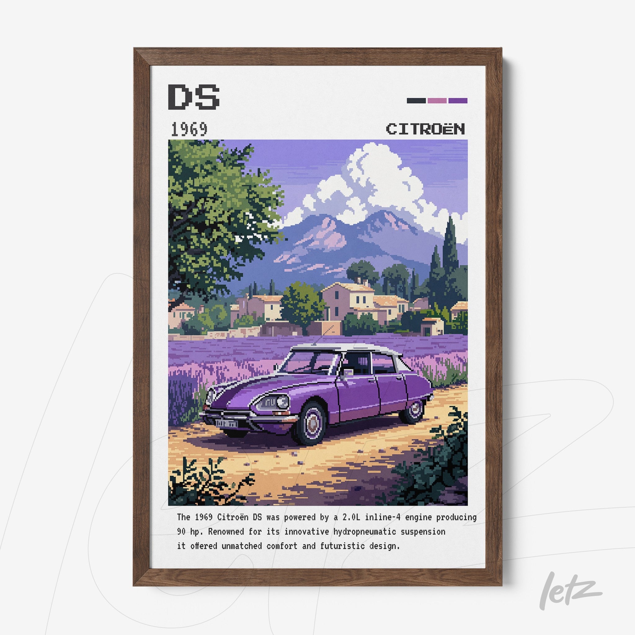 framed digital art of a purple citroen ds in a countryside setting surrounded by lavender fields and mountains in the background