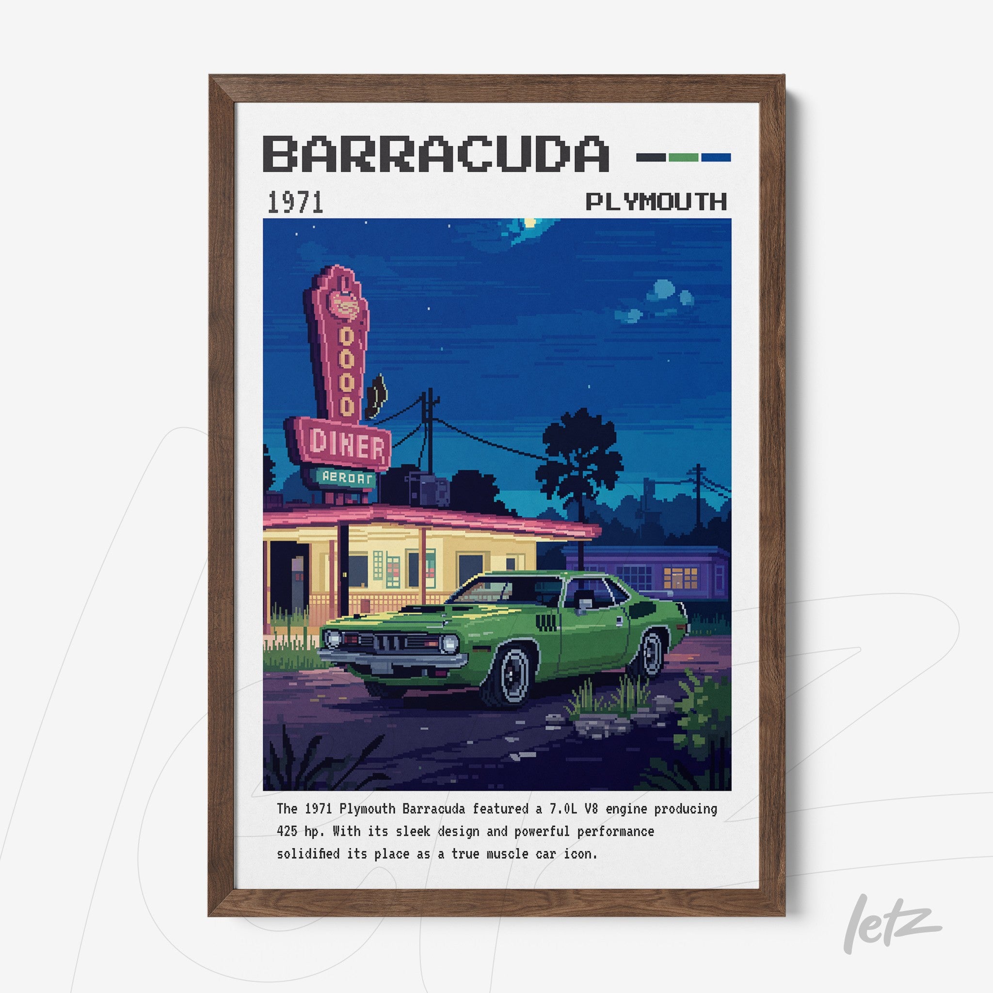 retro artwork featuring a Plymouth Barracuda in front of a diner with a brown frame