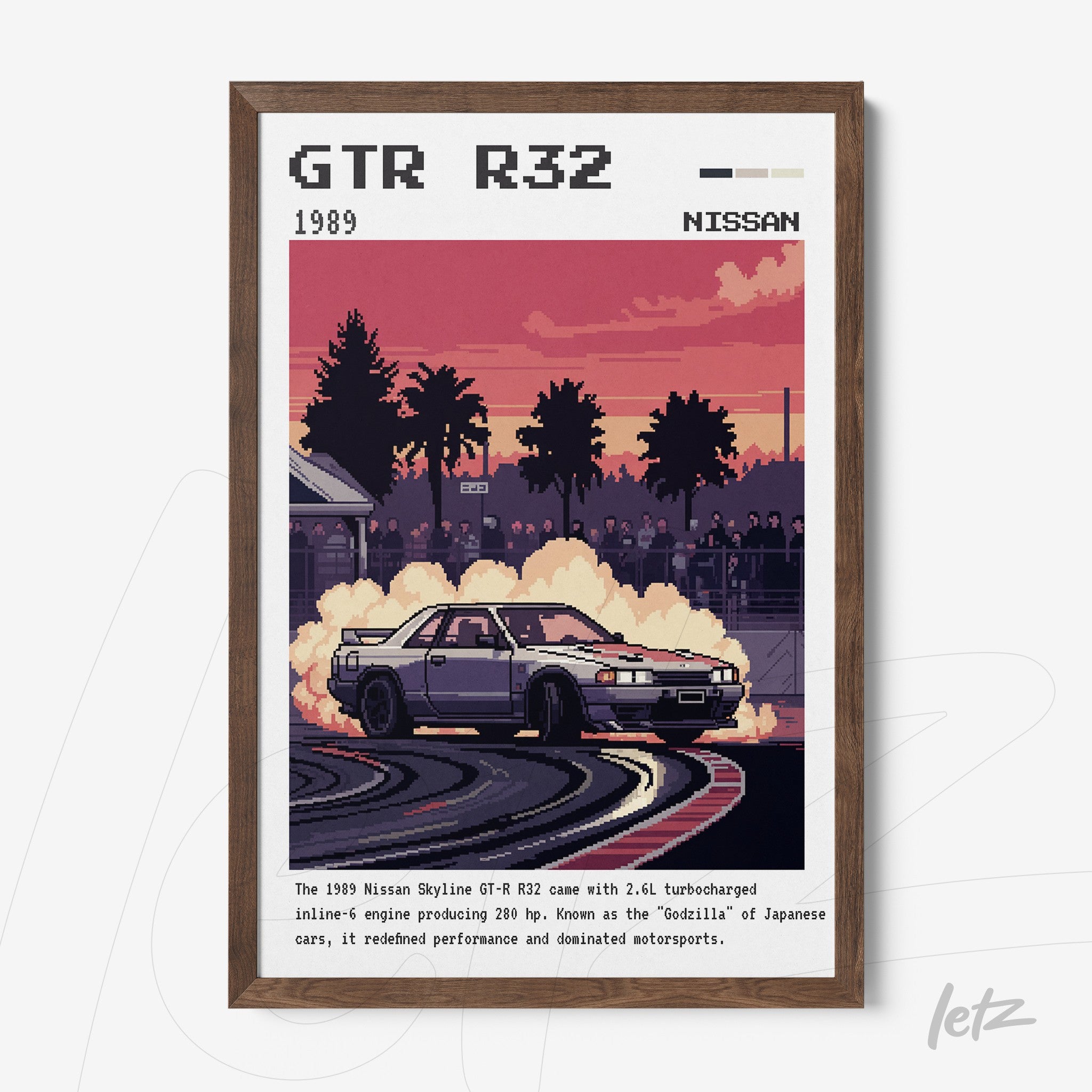 framed pixel art of a Nissan Skyline GTR R32 drifting with smoke, featuring a dark wood frame and a sunset backdrop with palm trees