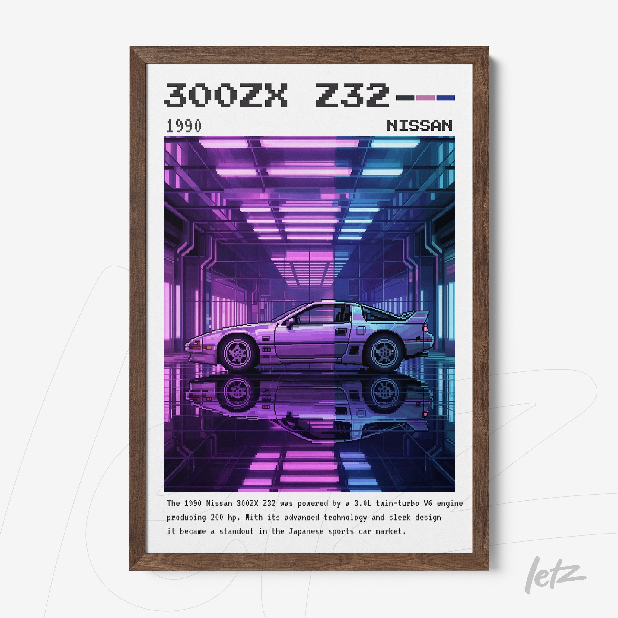 8-bit style framed art of Nissan 300ZX Z32 with dark wooden frame