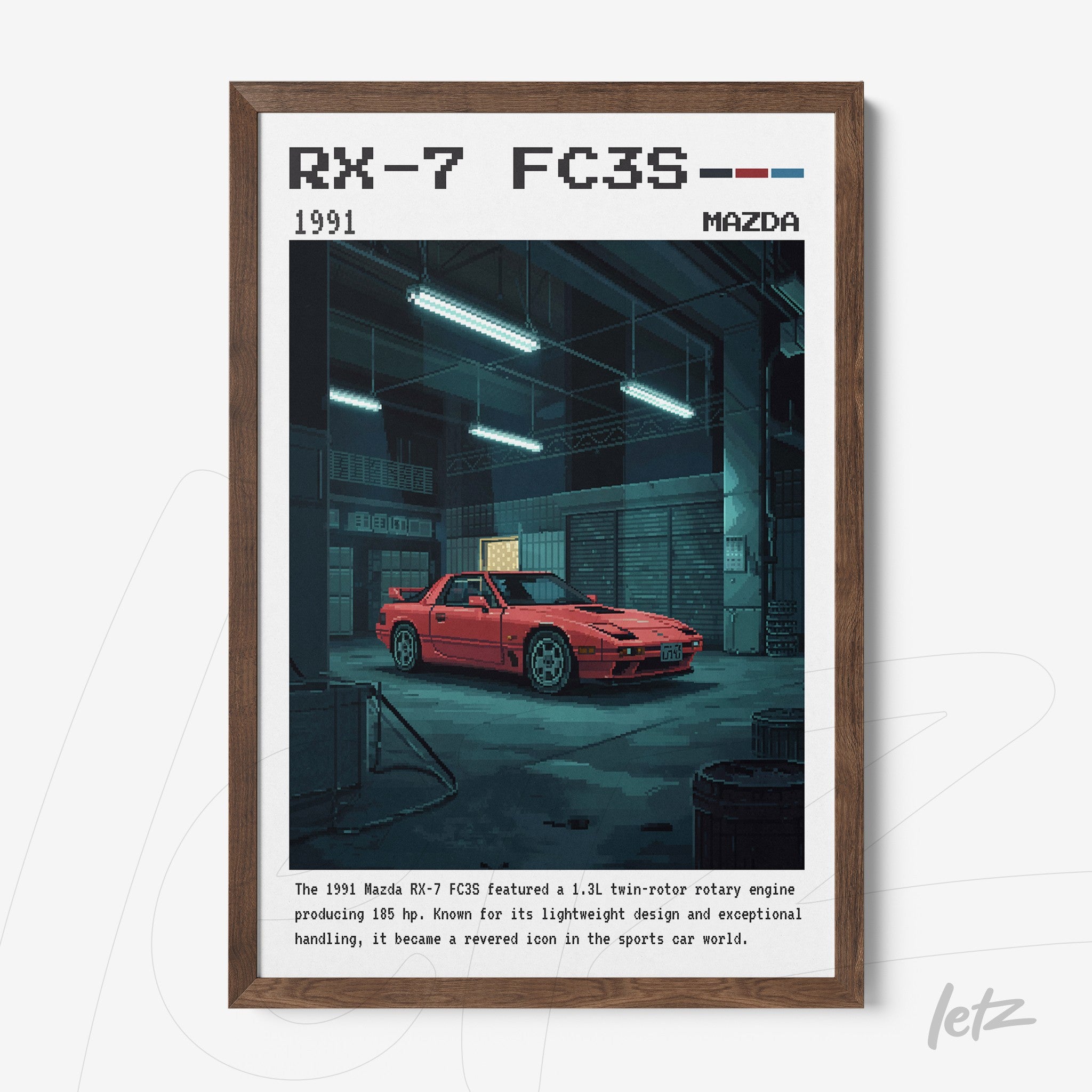 framed digital art of a red Mazda RX-7 FC3S in a garage setting with dark wood frame