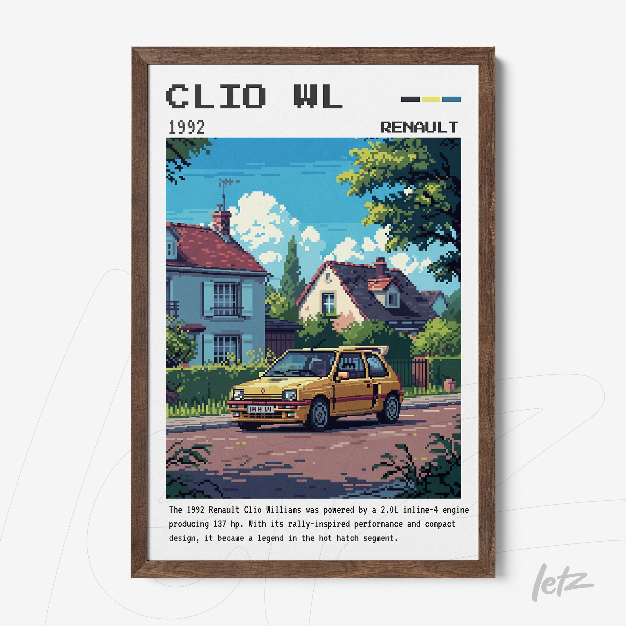 framed pixel art of a yellow Renault Clio Williams parked on a residential street with white houses in the background