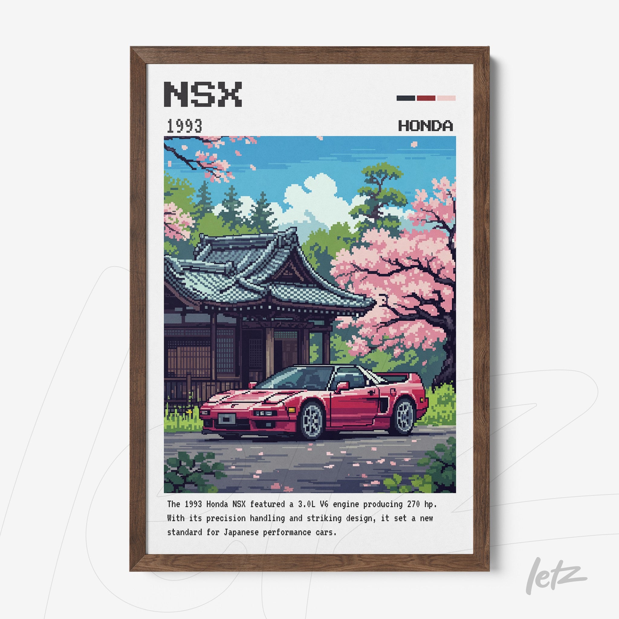pixel art wall decoration of Honda NSX in Japanese scenery with cherry blossom trees, framed in wooden frame