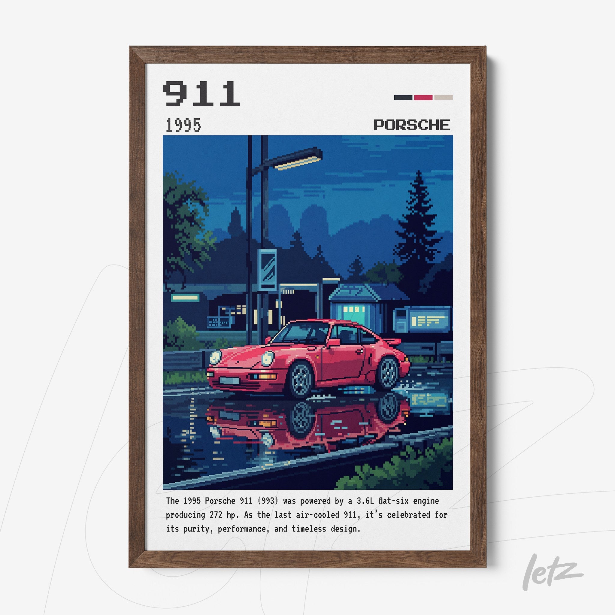 framed digital art of a red Porsche 911 reflecting in a puddle at night with a dark wood frame