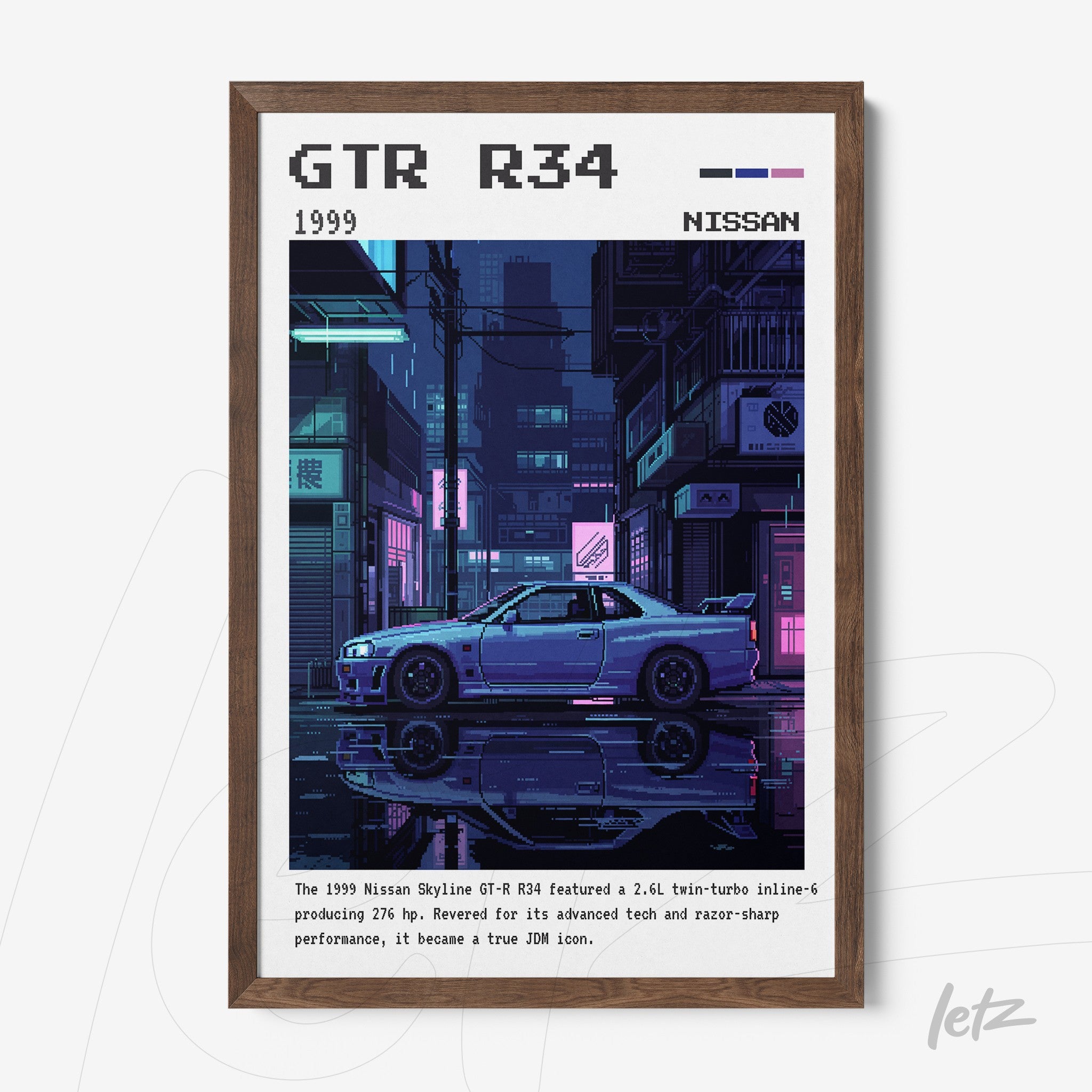 framed artwork of a Nissan GTR R34 in pixel art style, with a light brown frame and neon urban background