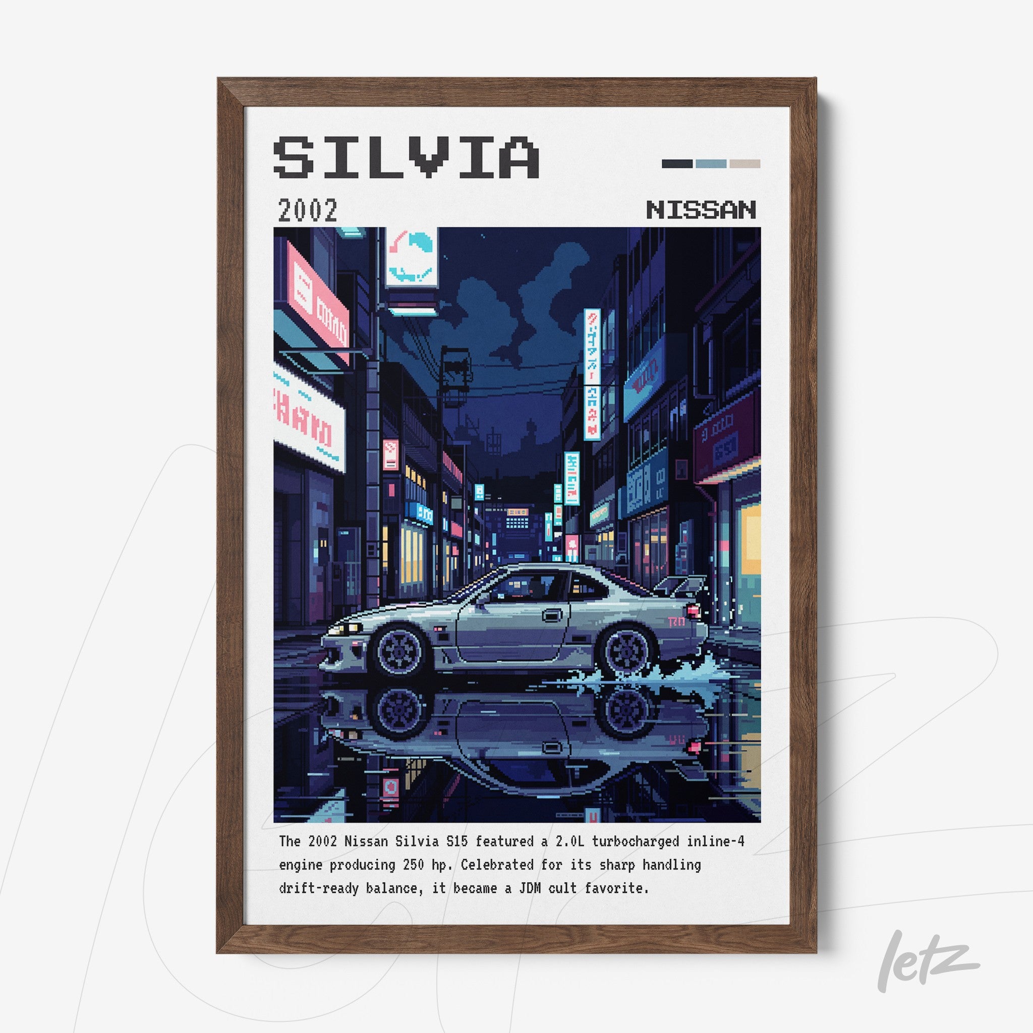 digital art print of Nissan Silvia S15 in an urban night scene with dark wooden frame