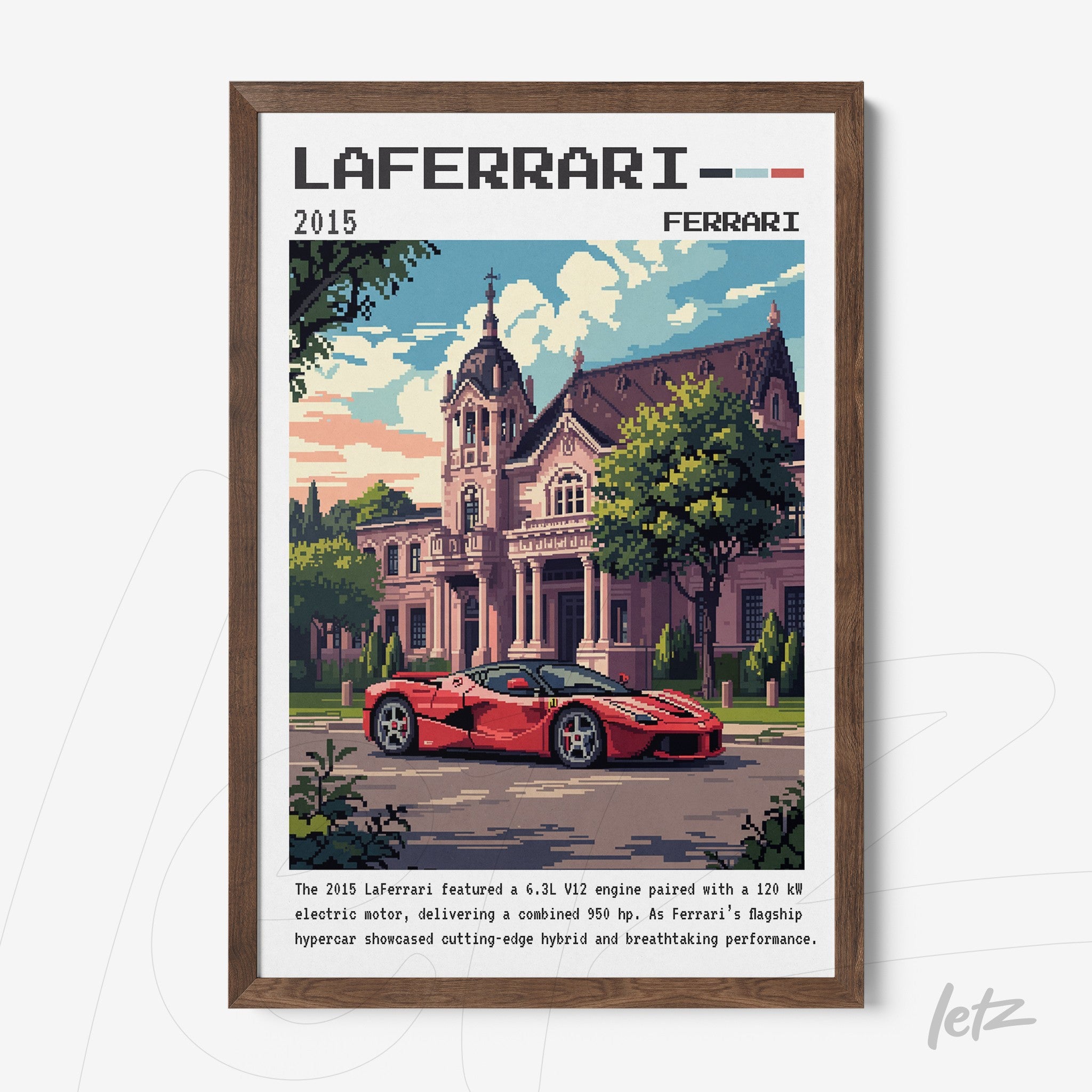pixel art of LaFerrari car in front of a mansion with dark brown frame