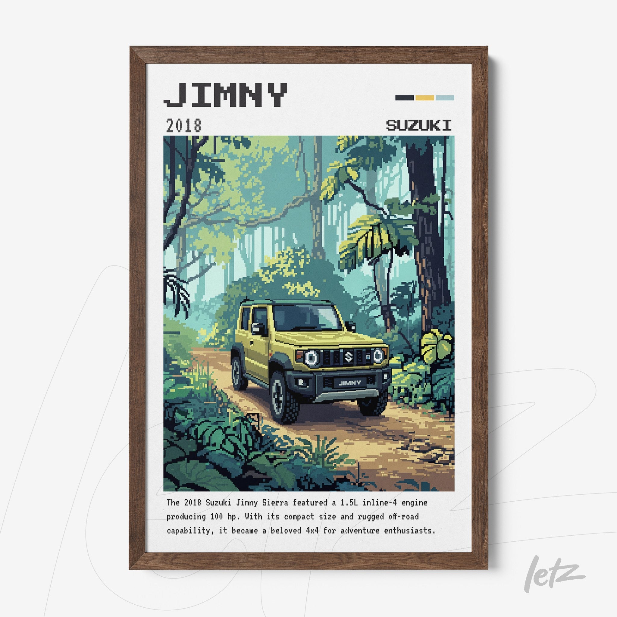framed pixel art of a yellow Suzuki Jimny driving through a forest with dark wood frame