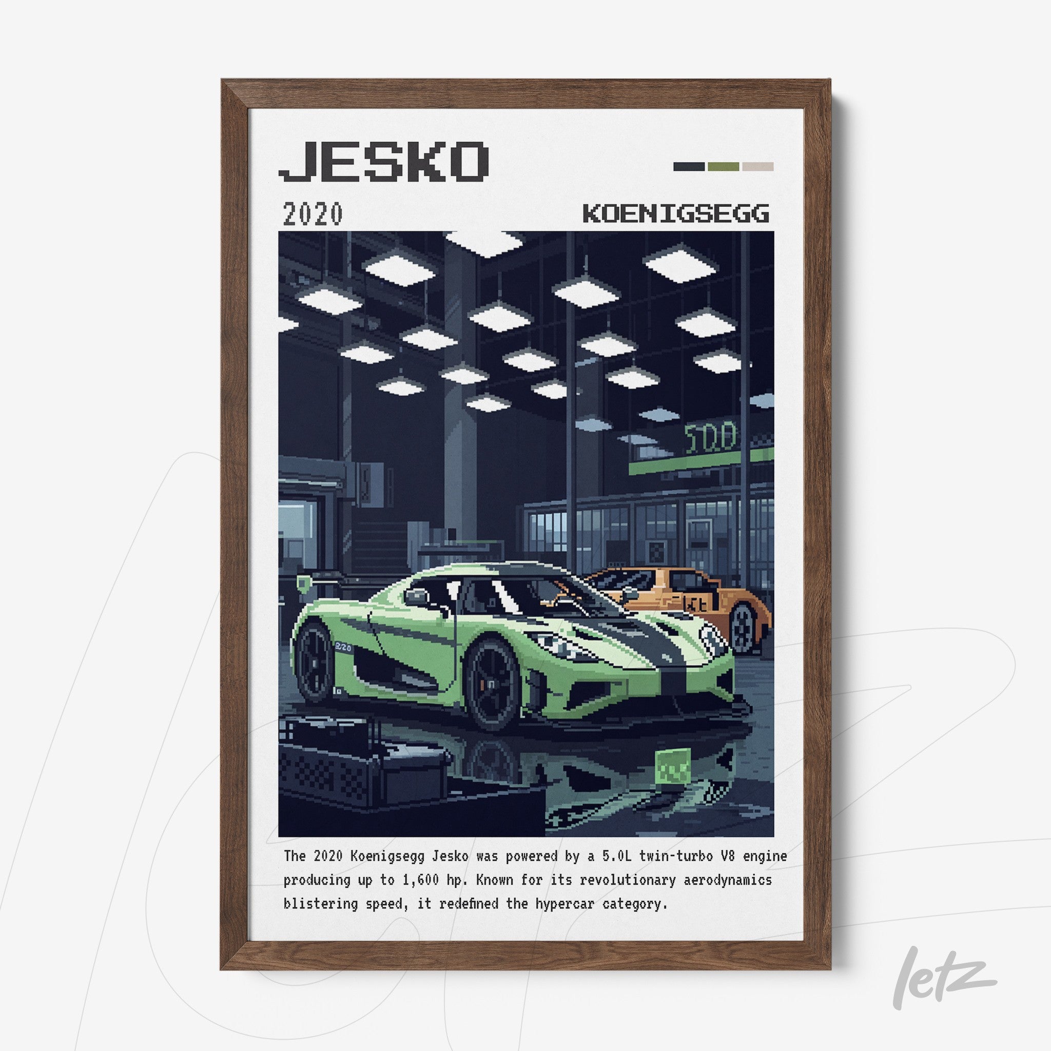 pixel art print of a koenigsegg jesko car displayed in a modern dark setting with brown wooden frame
