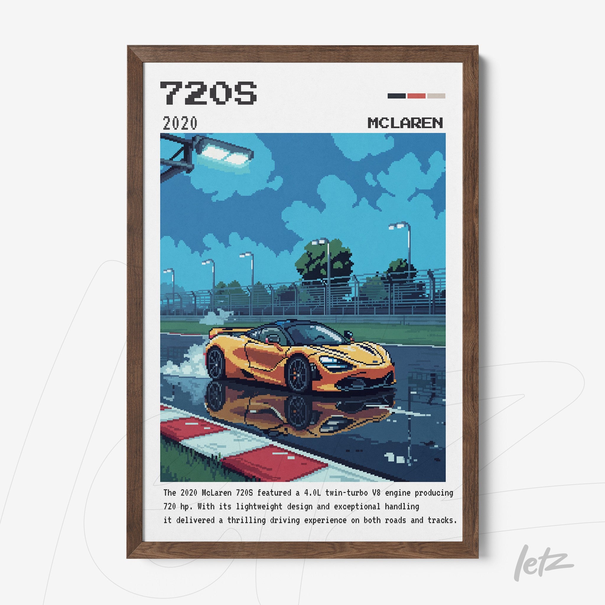 framed artwork of McLaren 720S sports car on wet track with dark wood frame