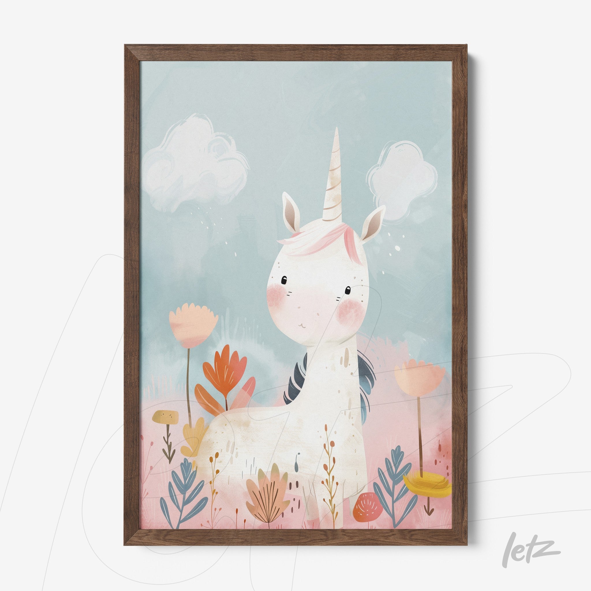 framed wall art of a cute unicorn in soft colors with plants and flowers