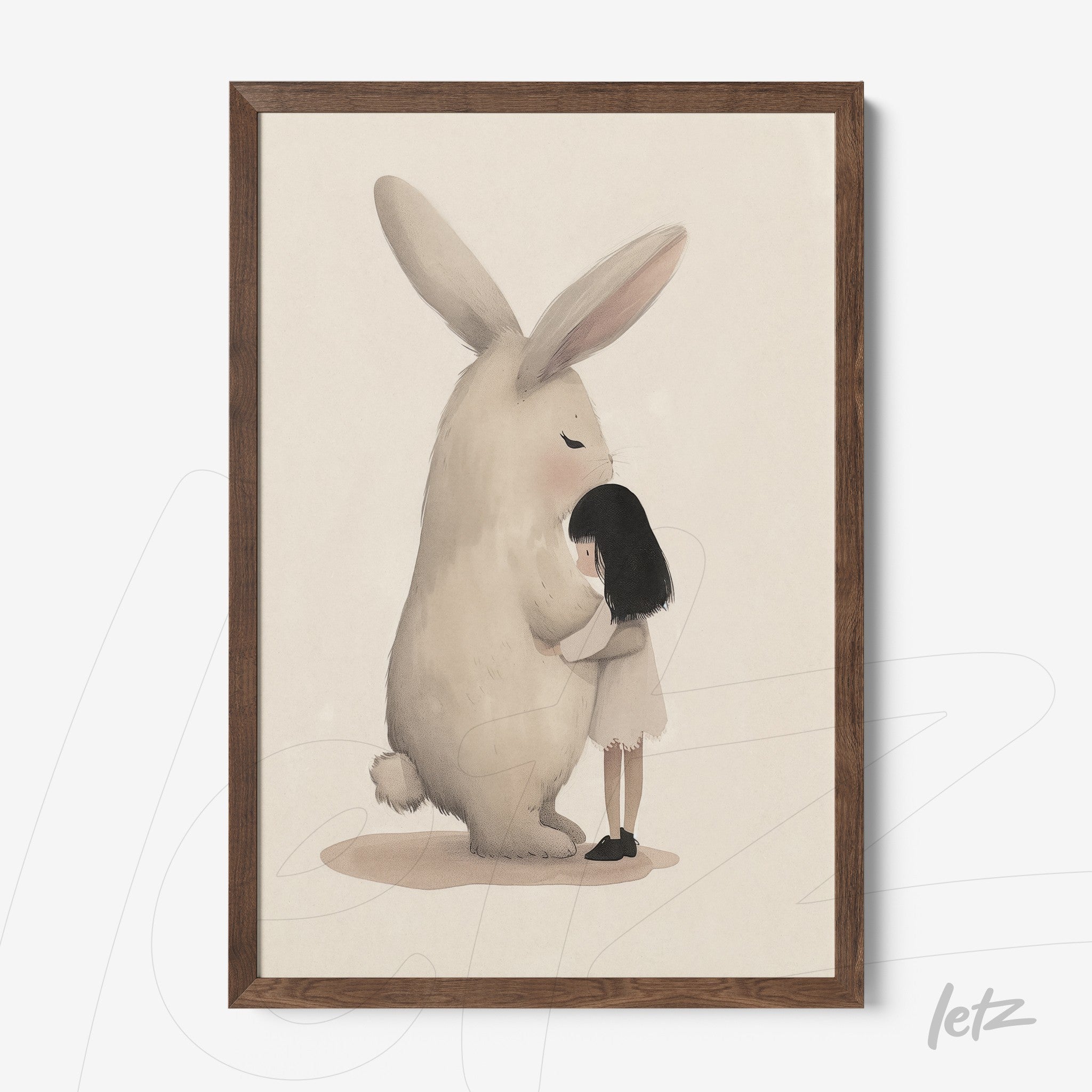 framed artwork of a girl hugging a giant rabbit with a dark wood frame