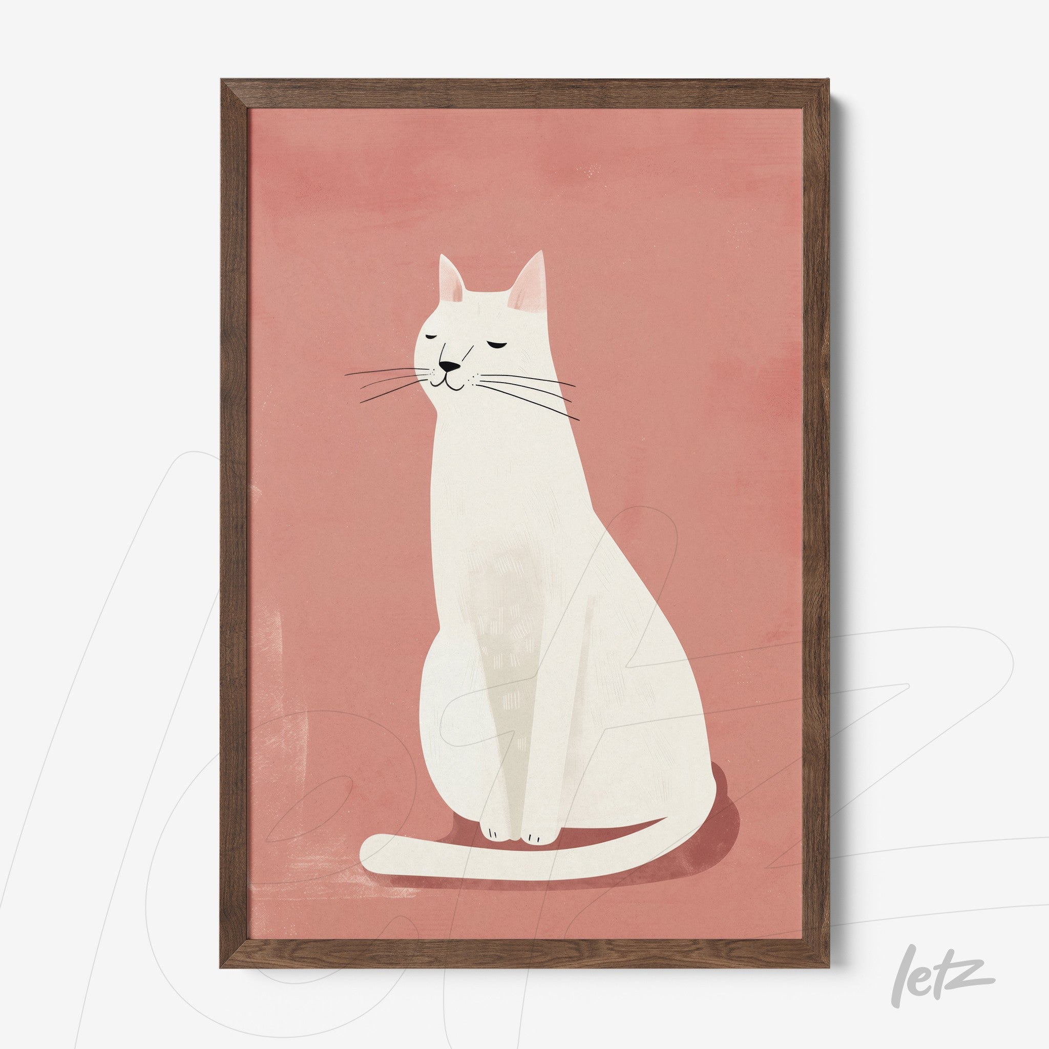 framed artwork featuring a minimalist illustration of a white cat on a pink background with dark wood frame