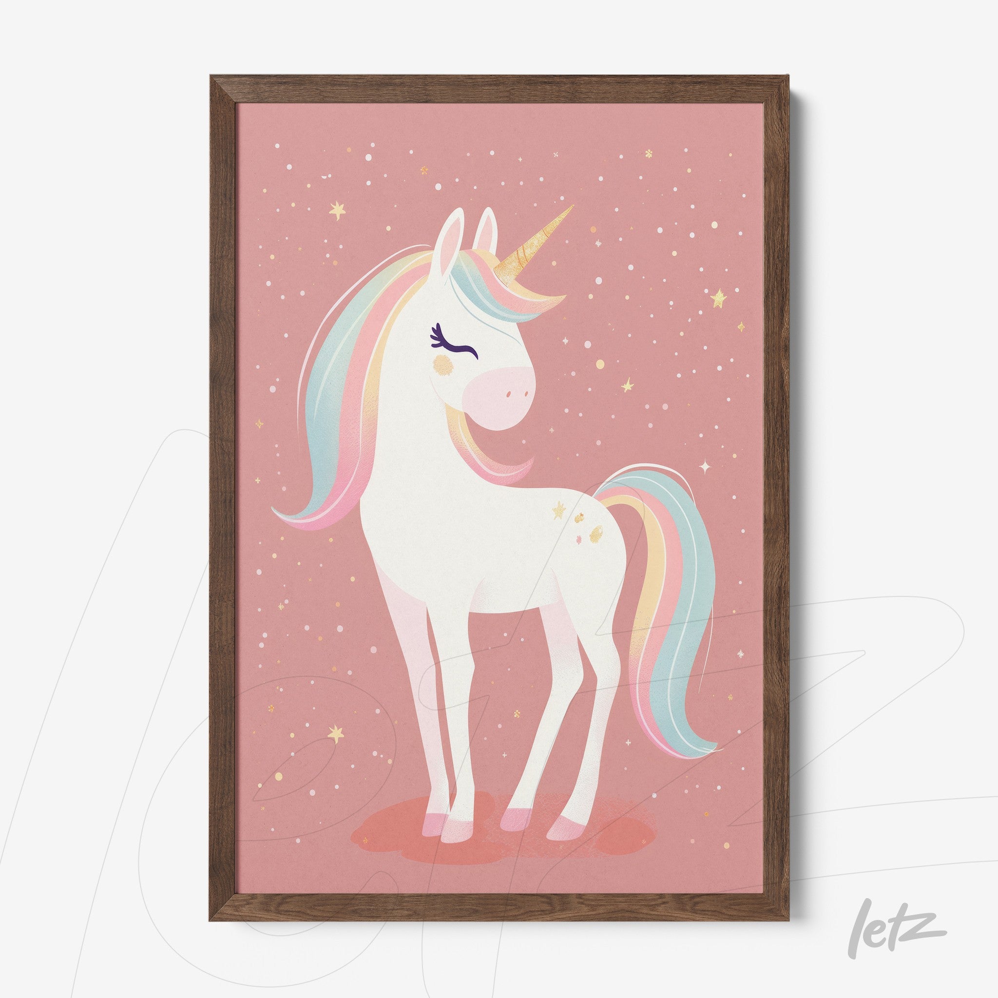 framed wall art of a unicorn on pink background with dark wooden frame